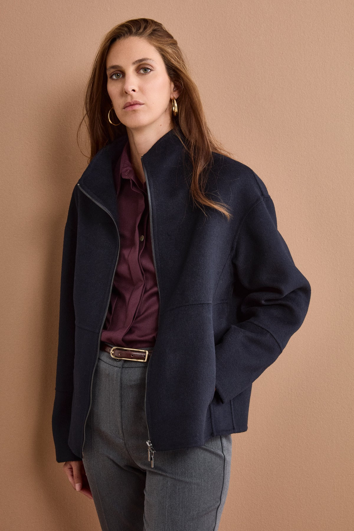 Bomber Boxy con Zip Sfoderato in Misto Lana - BLU