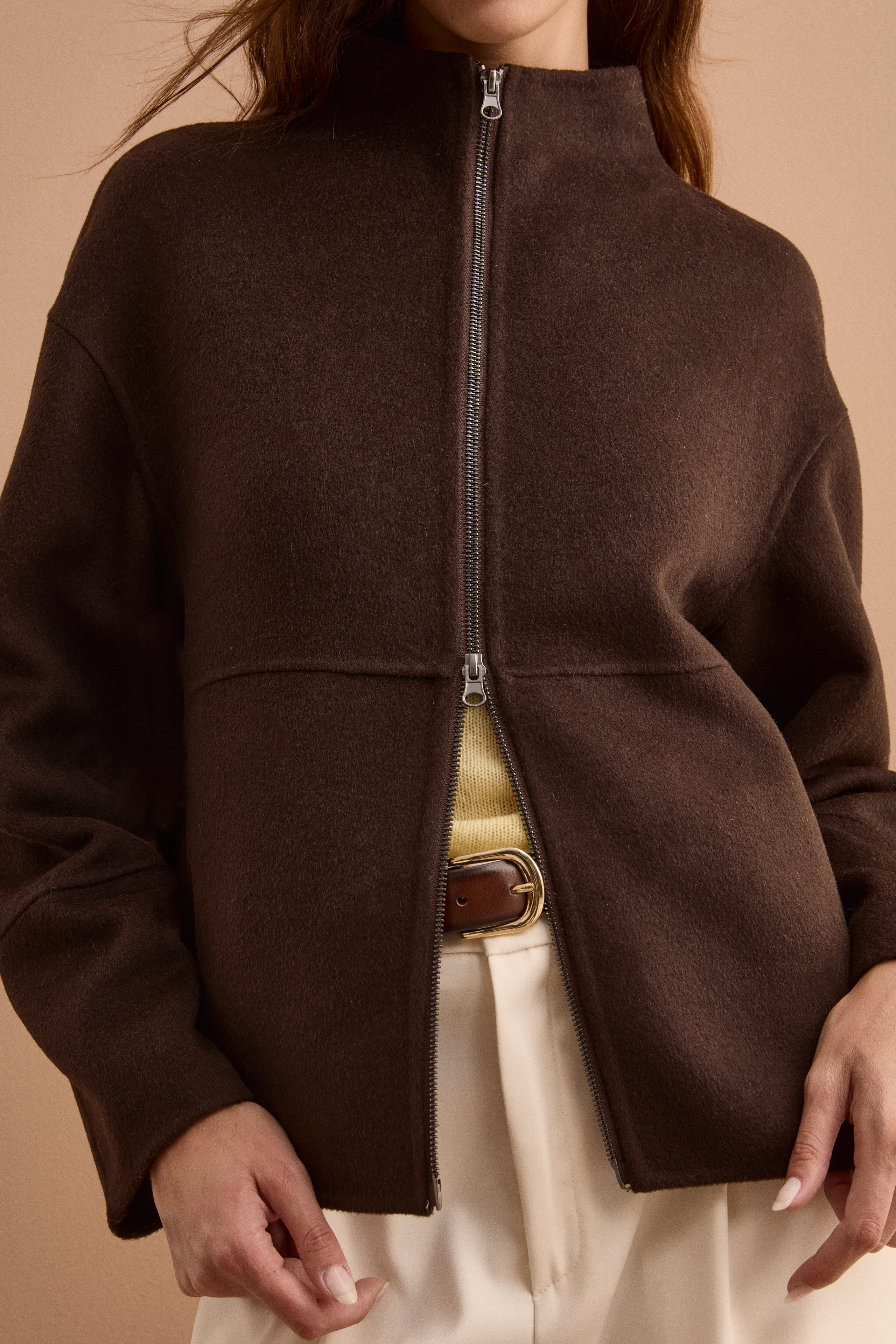 Bomber Boxy con Zip Sfoderato in Misto Lana - MARRONE