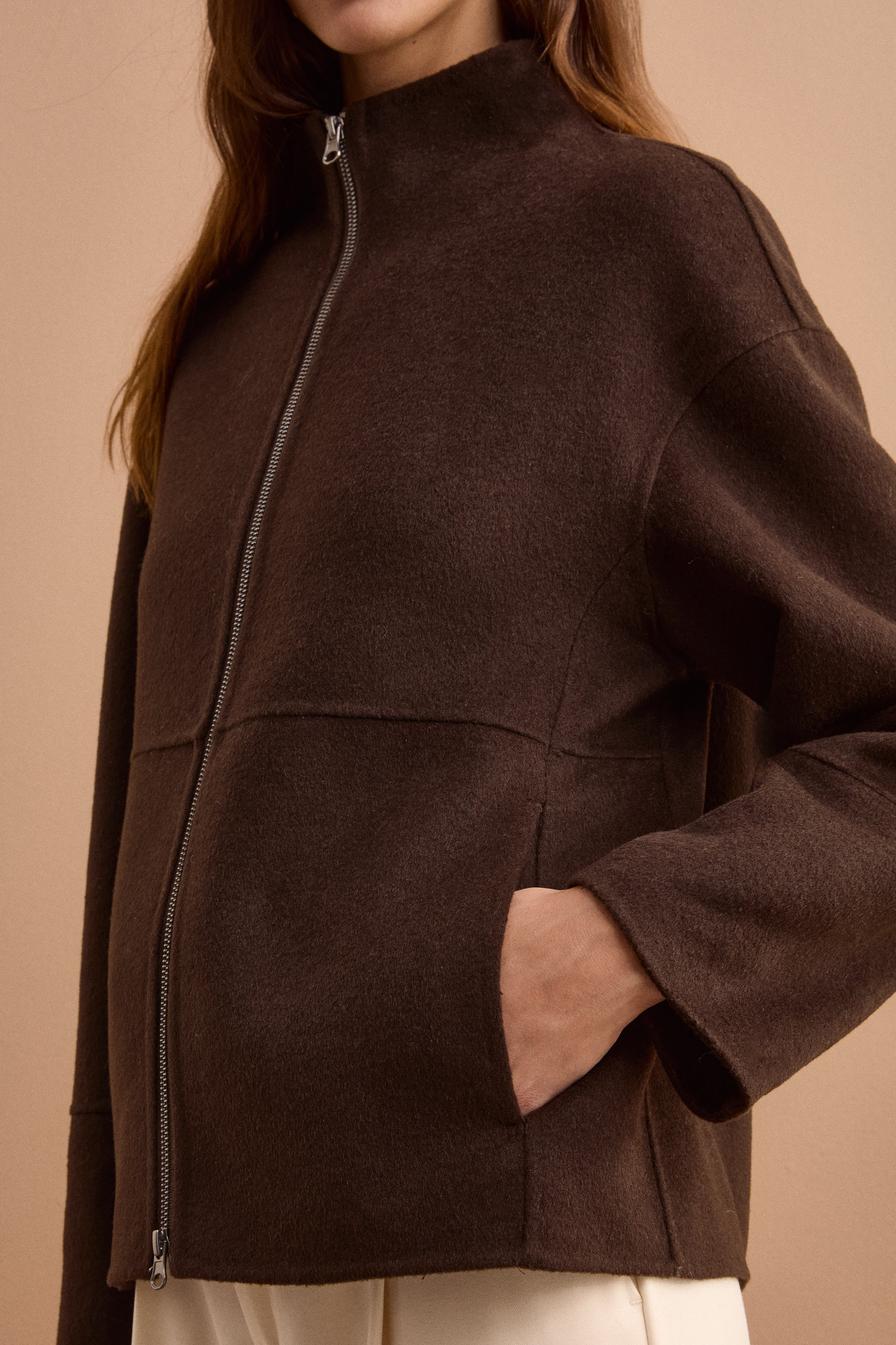 Bomber Boxy con Zip Sfoderato in Misto Lana - MARRONE