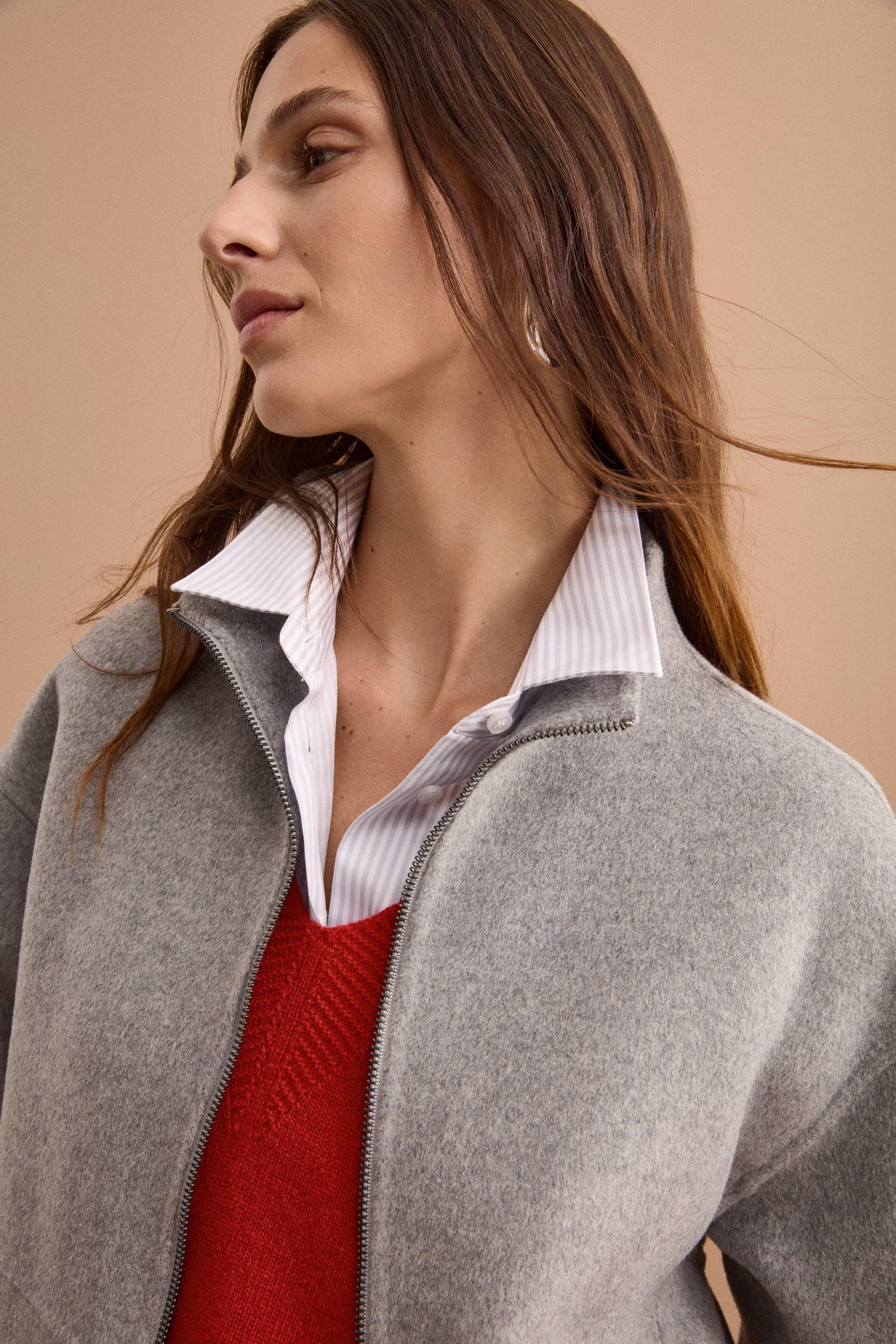 Bomber Boxy con Zip Sfoderato in Misto Lana - GRIGIO
