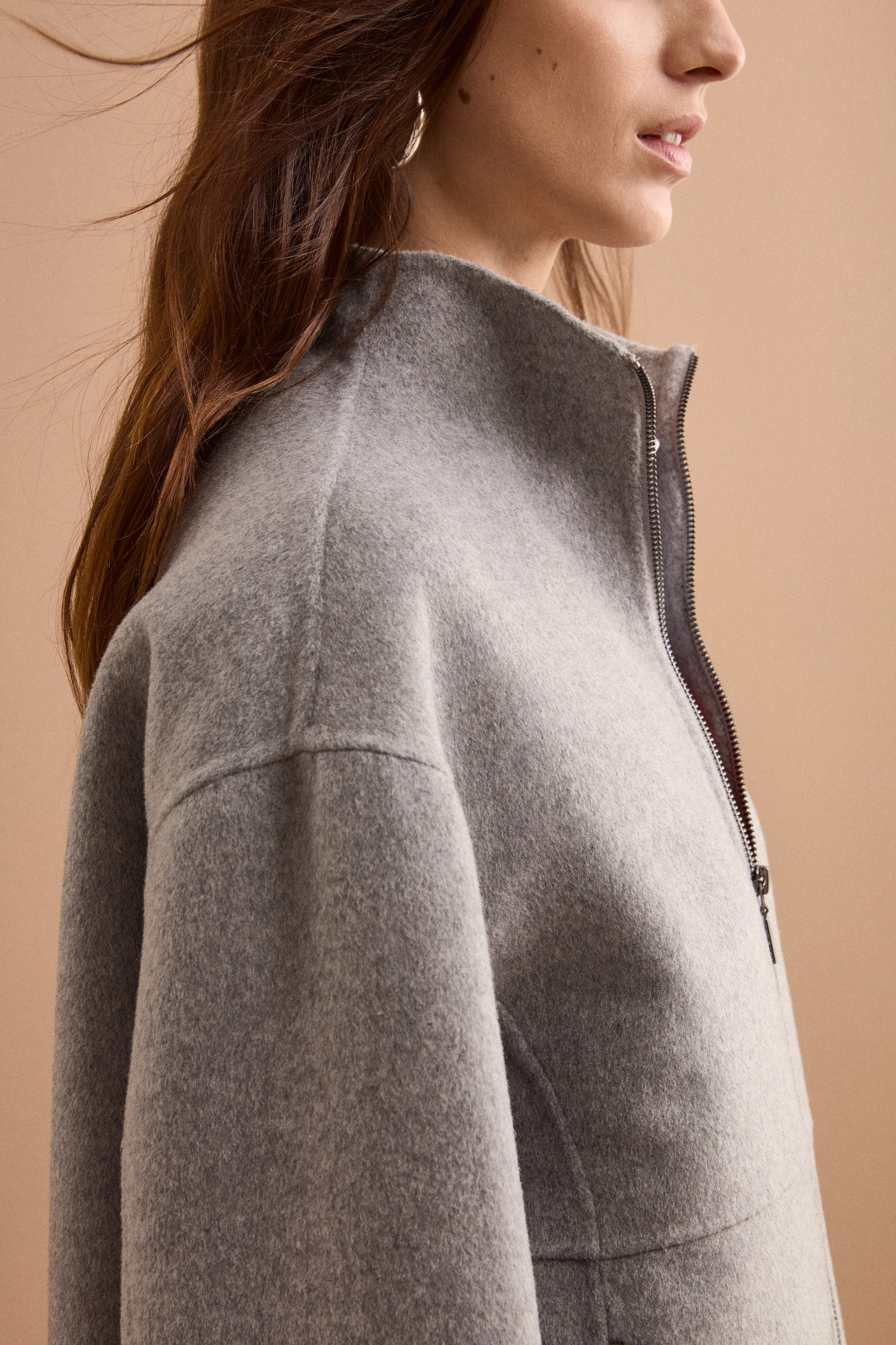 Bomber Boxy con Zip Sfoderato in Misto Lana - GRIGIO
