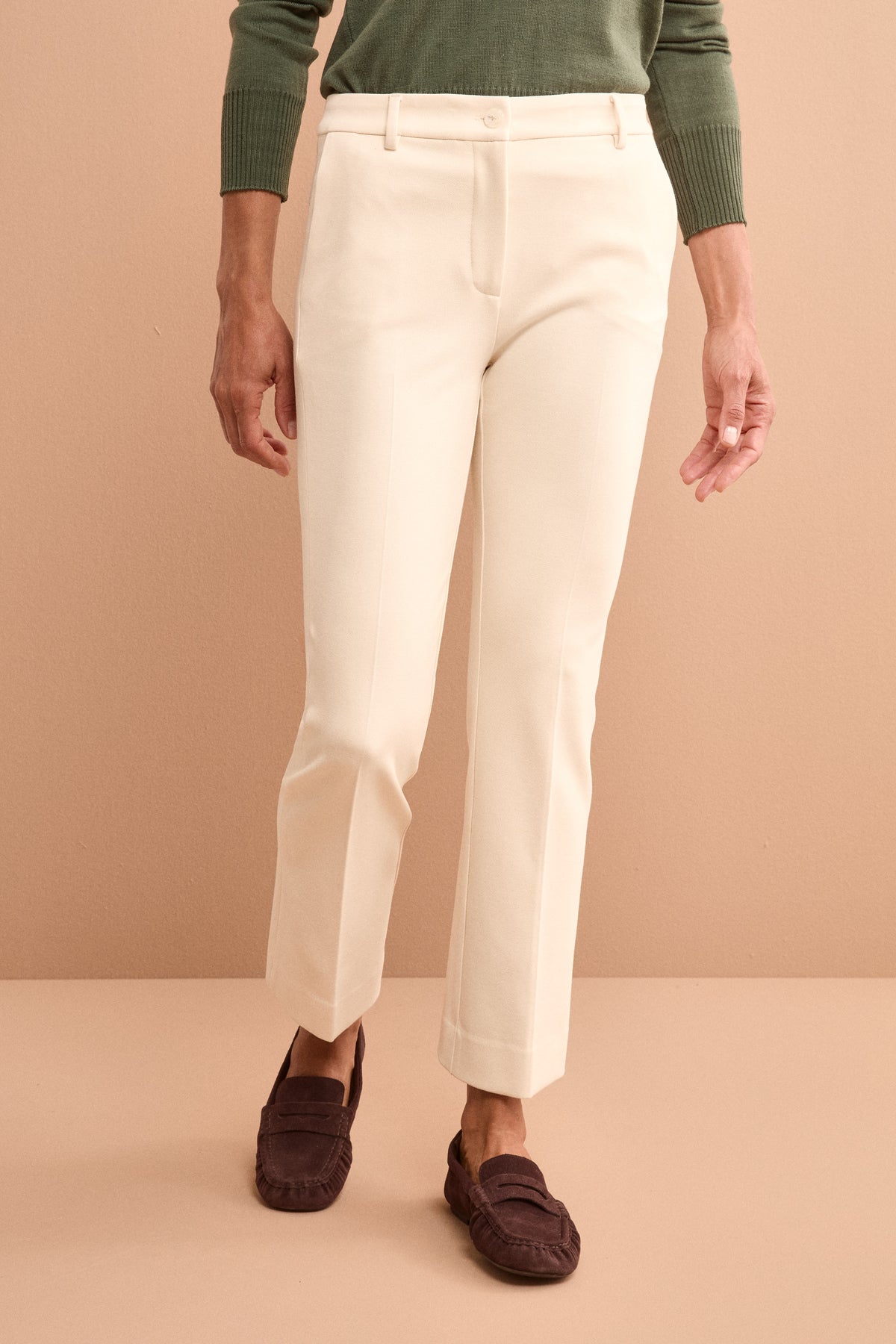 Pantalone Slim Fit con Risvolto in Punto Milano - PANNA