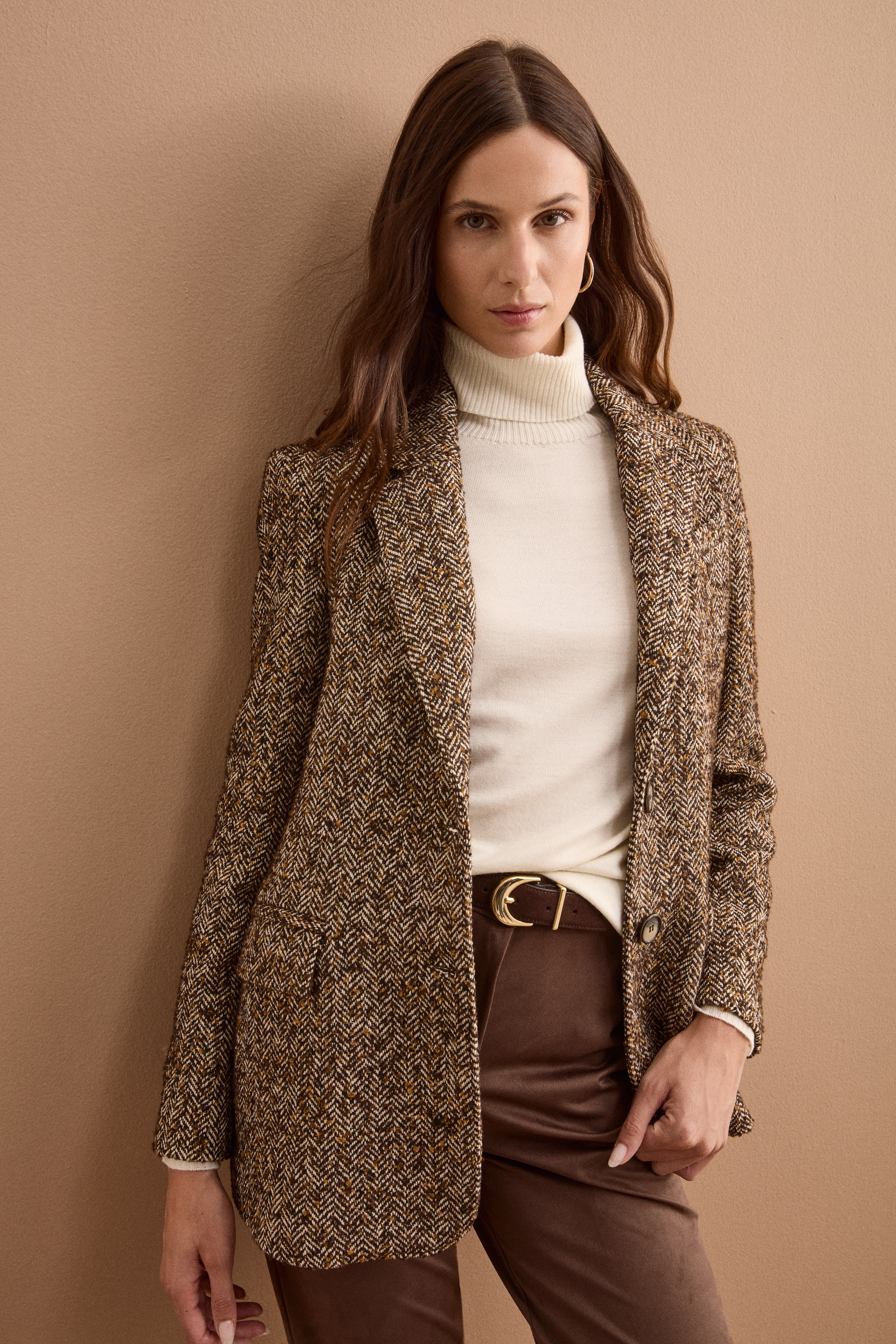 Blazer in Tweed con Toppe in Misto Lana - MARRONE SPIGATO