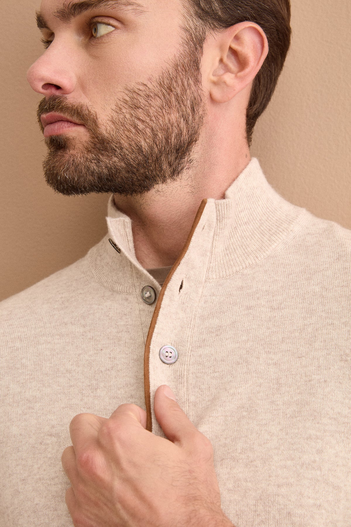 Lupetto in Lana e Cashmere con Collo a Bottoni - BEIGE