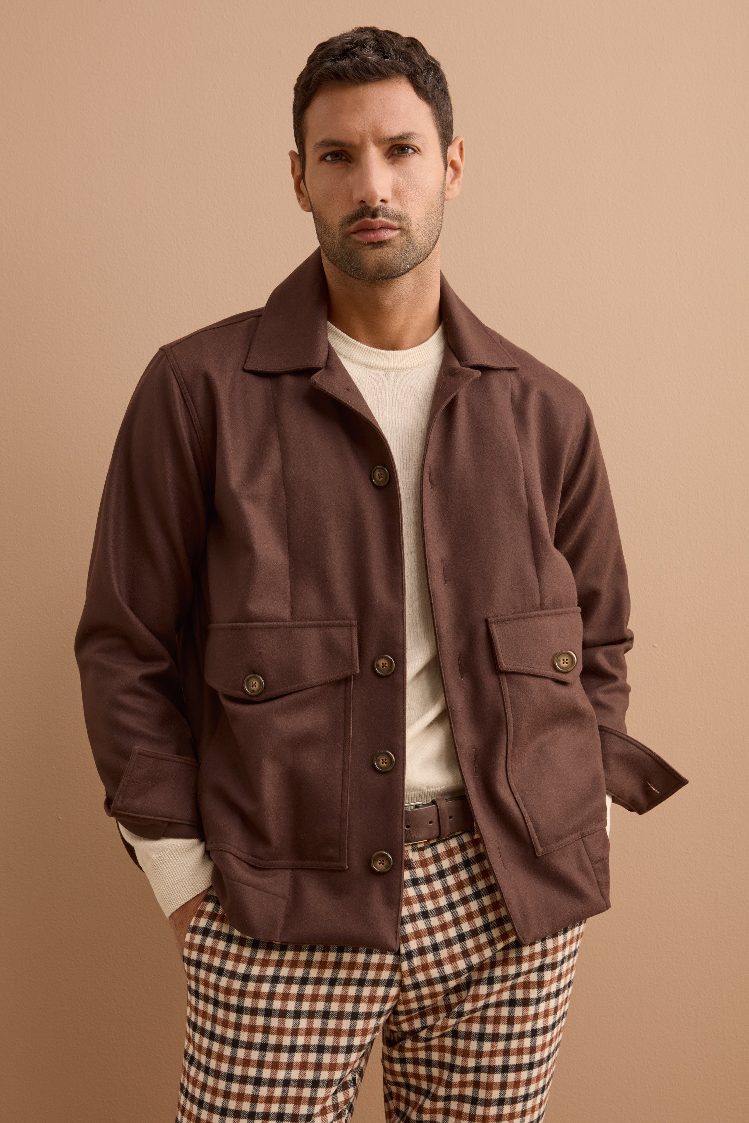 Giubbotto Overshirt in Misto Lana con Tasche - CIOCCOLATO