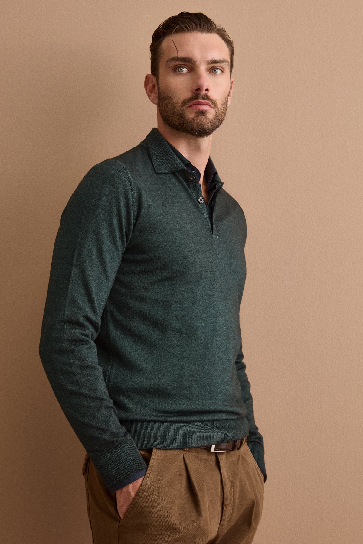 Polo Regular Fit in Lana Merino con Manica Lunga - VERDONE
