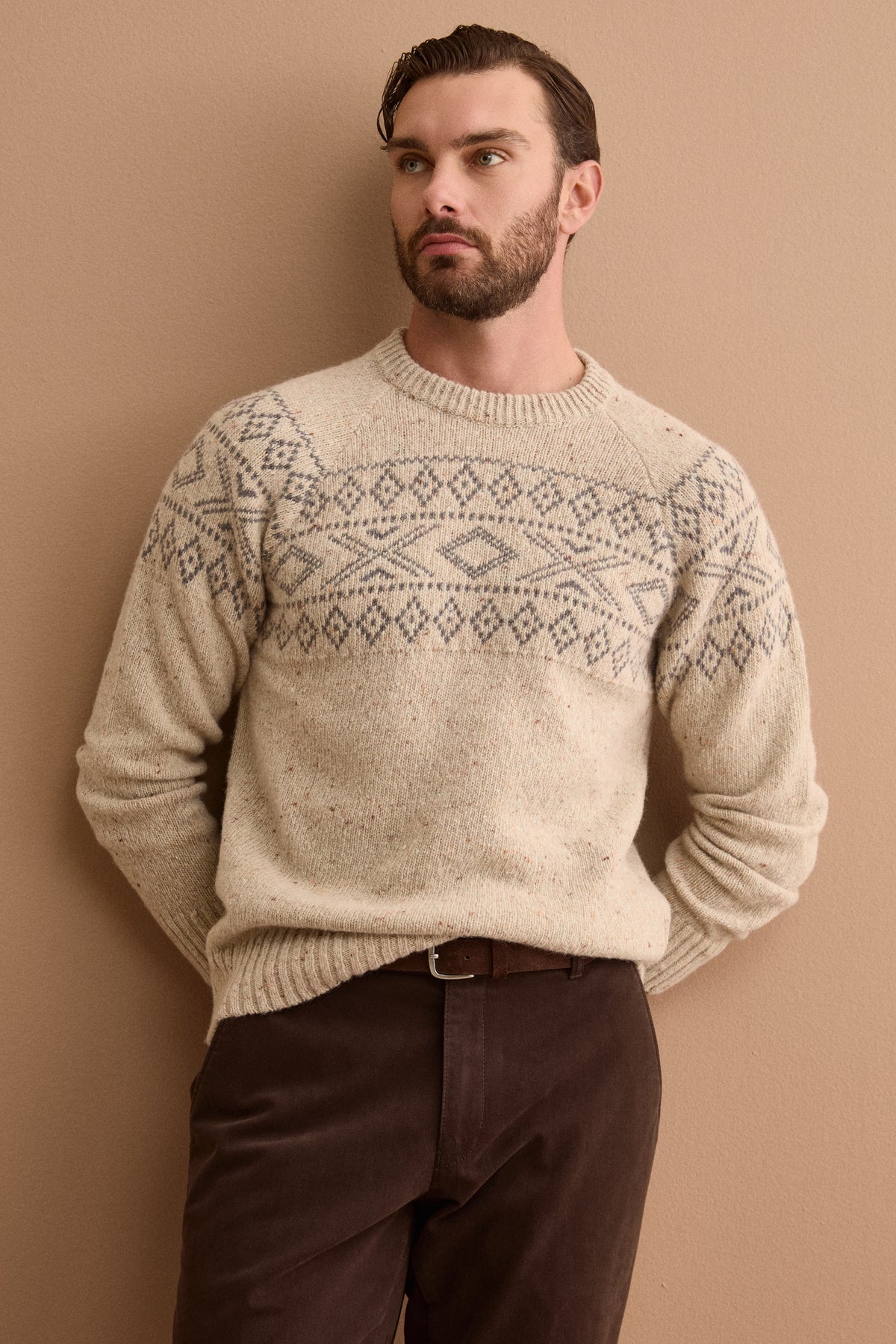 Maglia Girocollo Jacquard in Lana Merino - BEIGE
