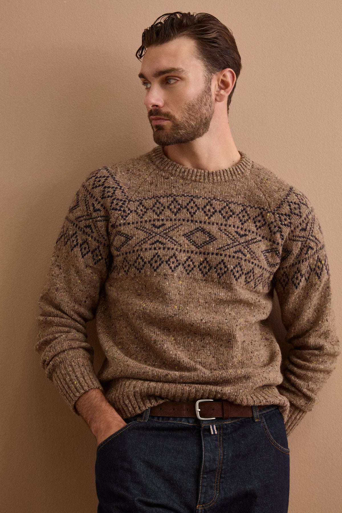 Maglia Girocollo Jacquard in Lana Merino - NOCCIOLA
