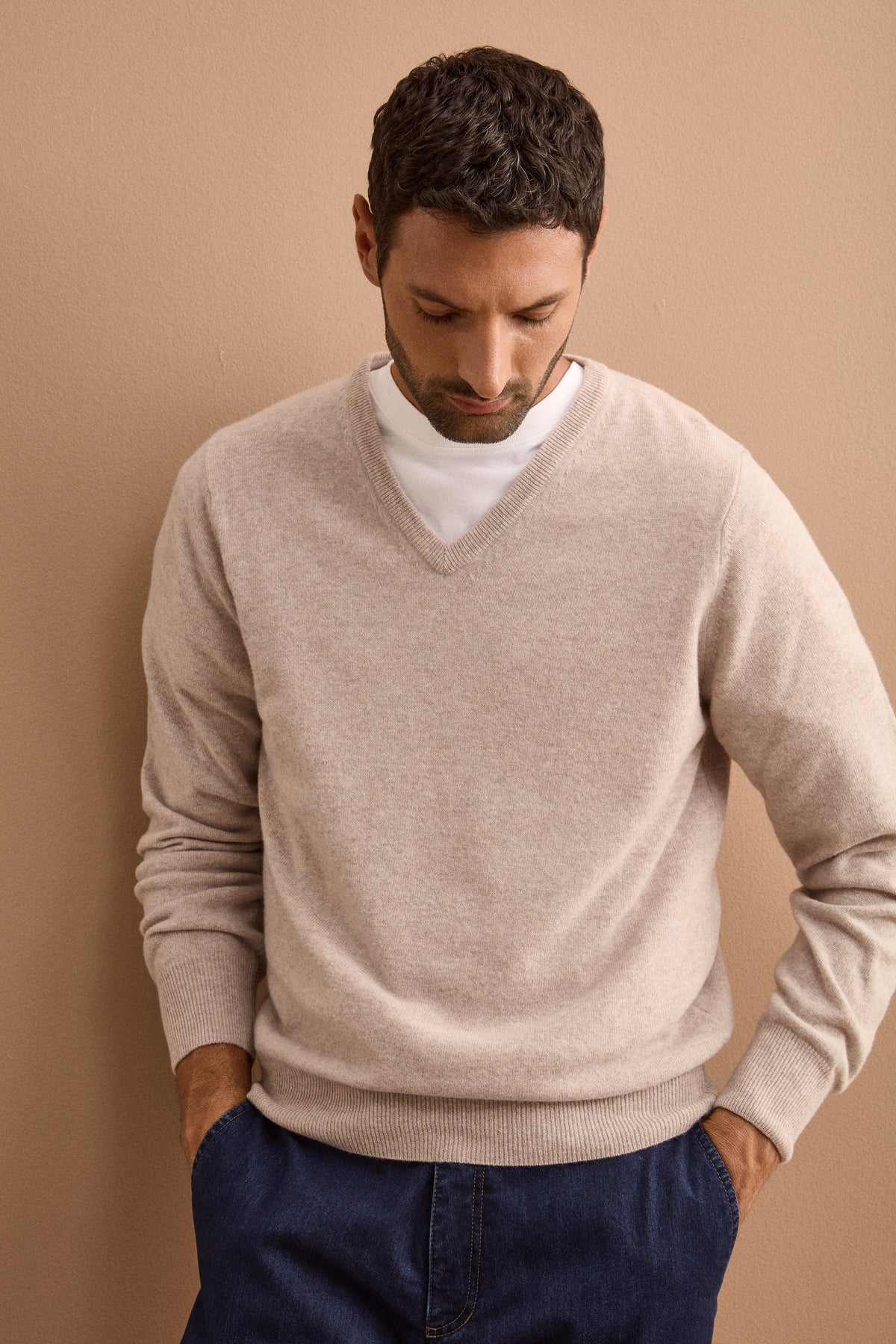 Pullover con Scollo a V in Lana e Cashmere - GESSO