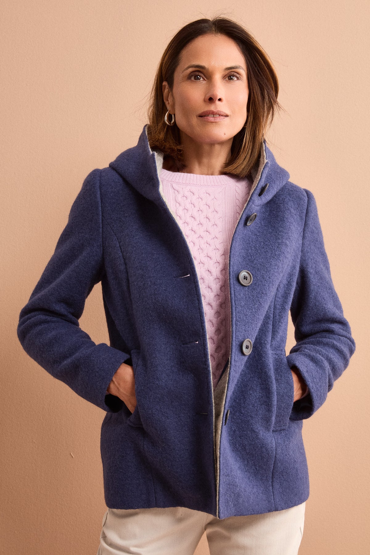 Cappotto Corto con Cappuccio in Misto Lana Cotta - BLU