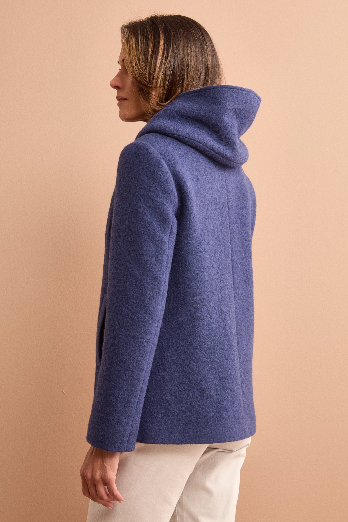 Cappotto Corto con Cappuccio in Misto Lana Cotta - BLU