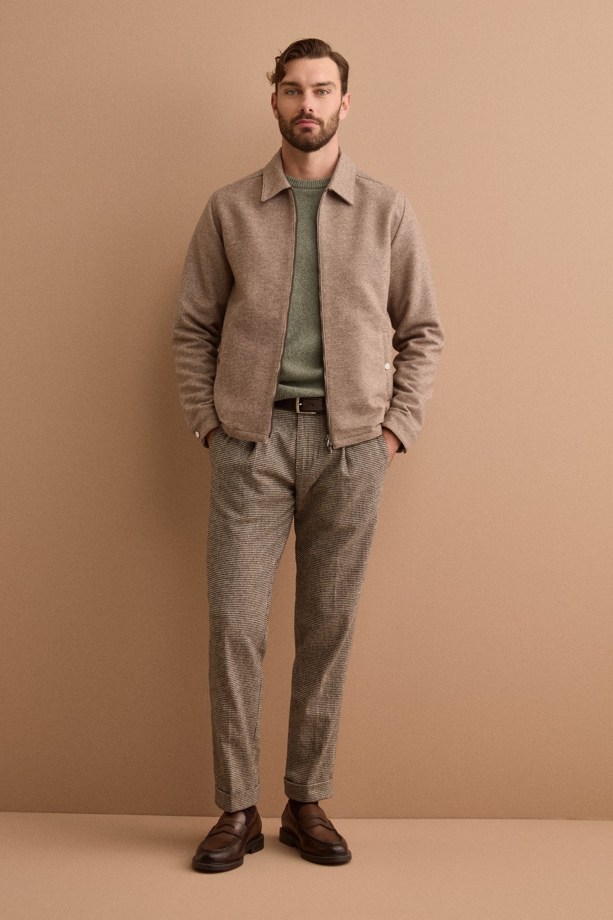 Pantalone Slim Fit Pied de Poule in Misto Lana - P/POULE BEIGE