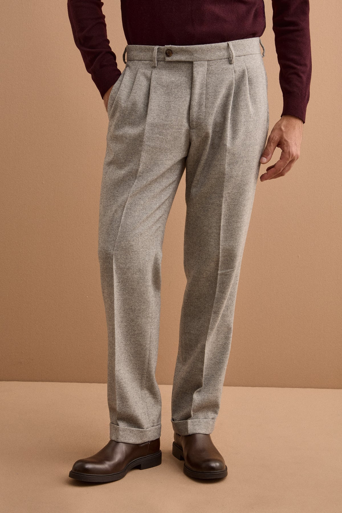 Pantalone Tweed in Lana con Pinces e Risvolto - GRIGIO CHIARO