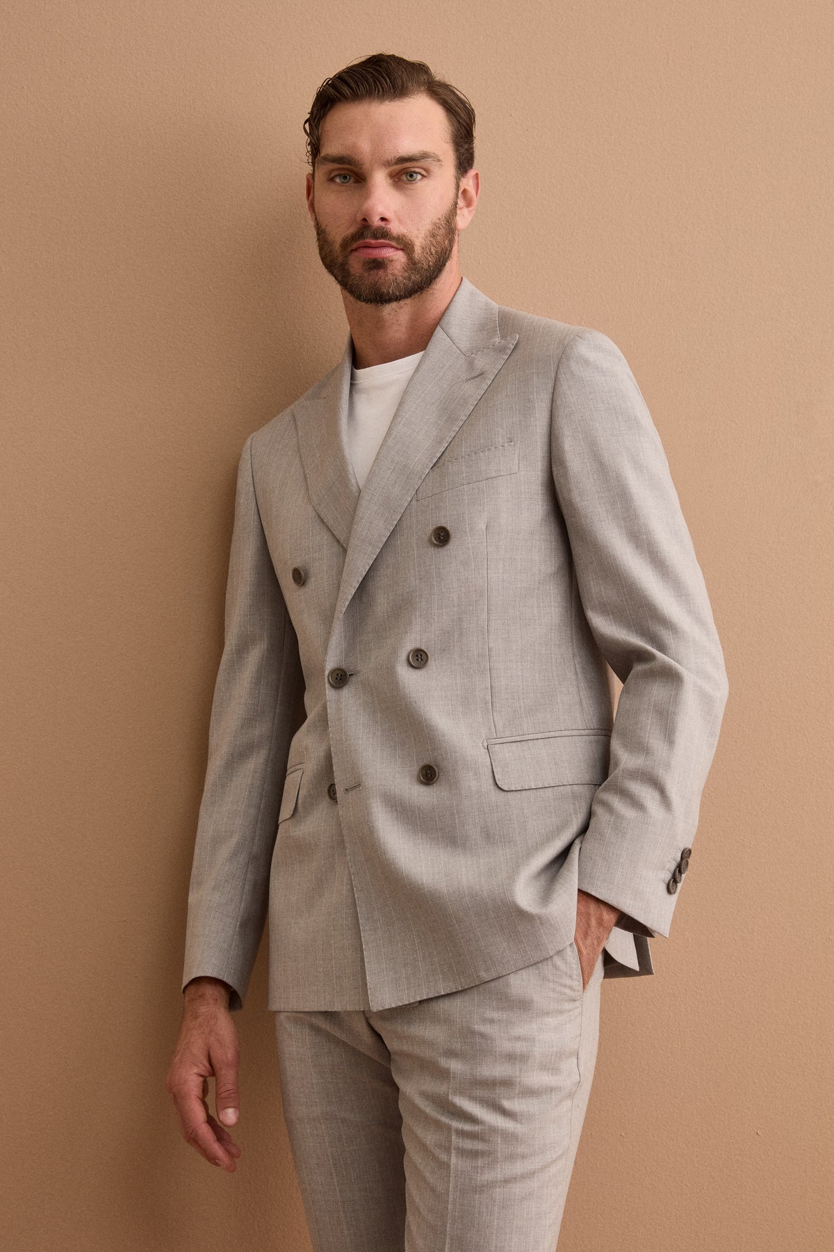Abito Doppiopetto Slim Fit in Lana Vergine Nobility 150's - GRIGIO CHIARO RIGATO