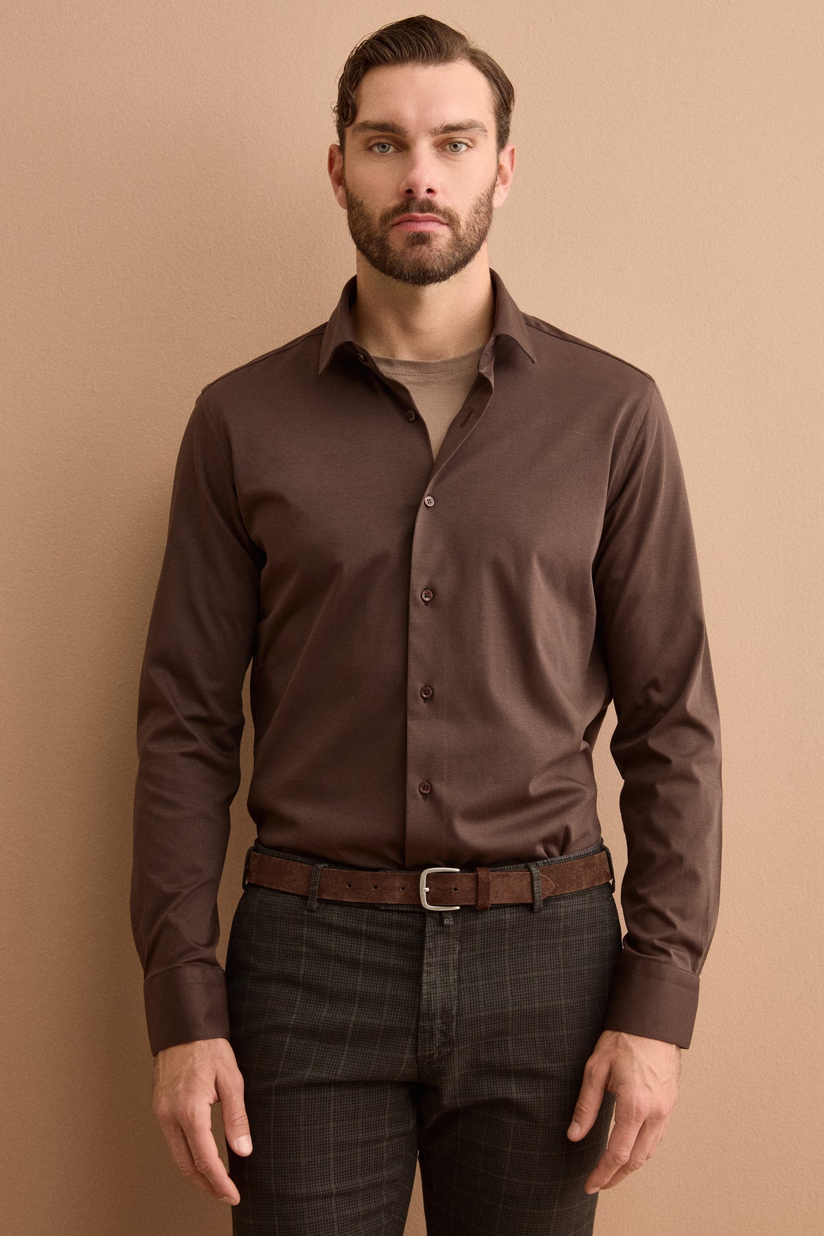 Camicia Interlock Custom Fit in Puro Cotone - MARRONE