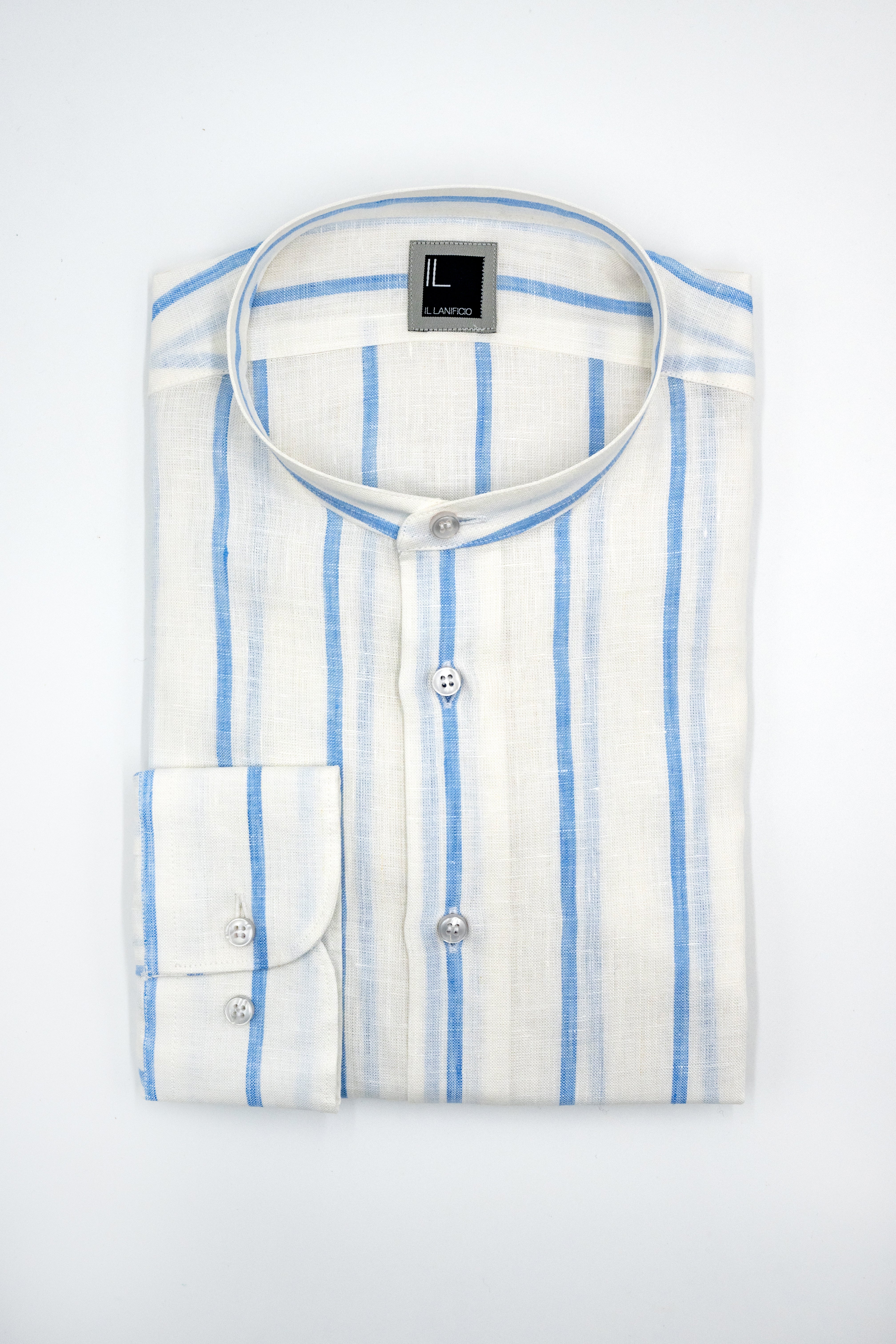 Camicia Lino Coreana Custom Fit - RIGATO BIANCO/AZZURRO