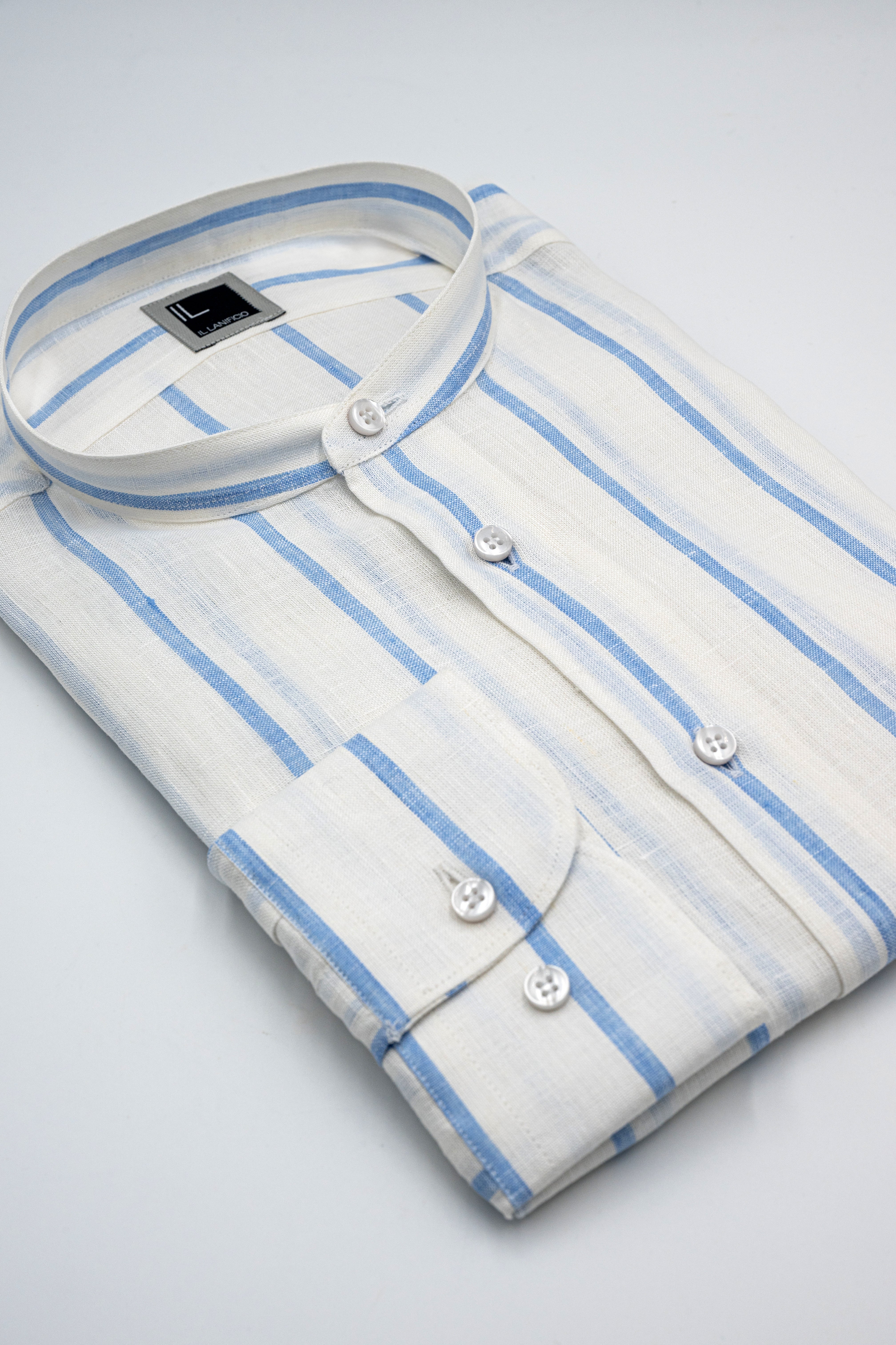 Camicia Lino Coreana Custom Fit - RIGATO BIANCO/AZZURRO
