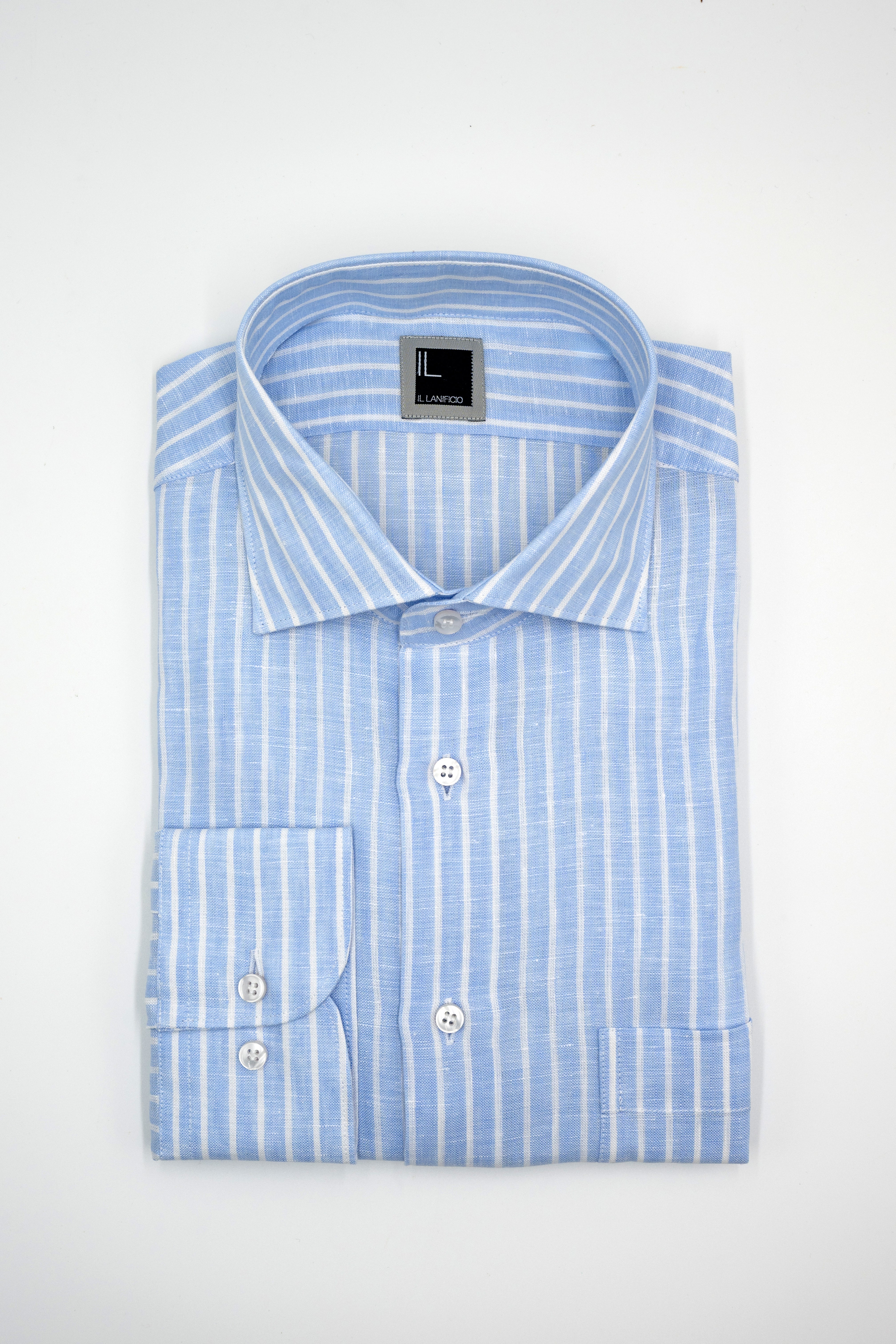 Camicia Fantasia con Taschino Custom Fit in Lino - AZZURRO RIGATO