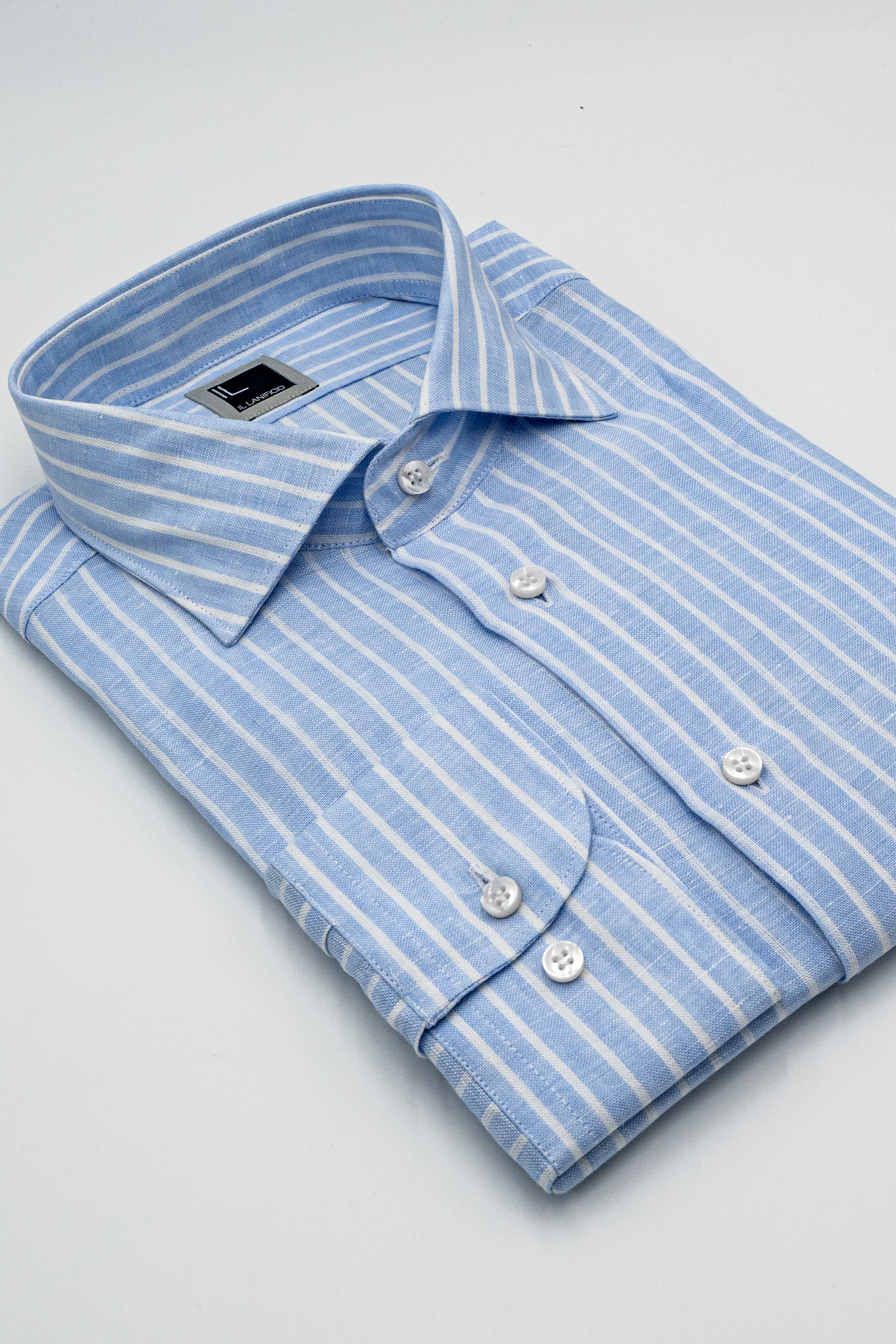 Camicia Fantasia con Taschino Custom Fit in Lino - AZZURRO RIGATO