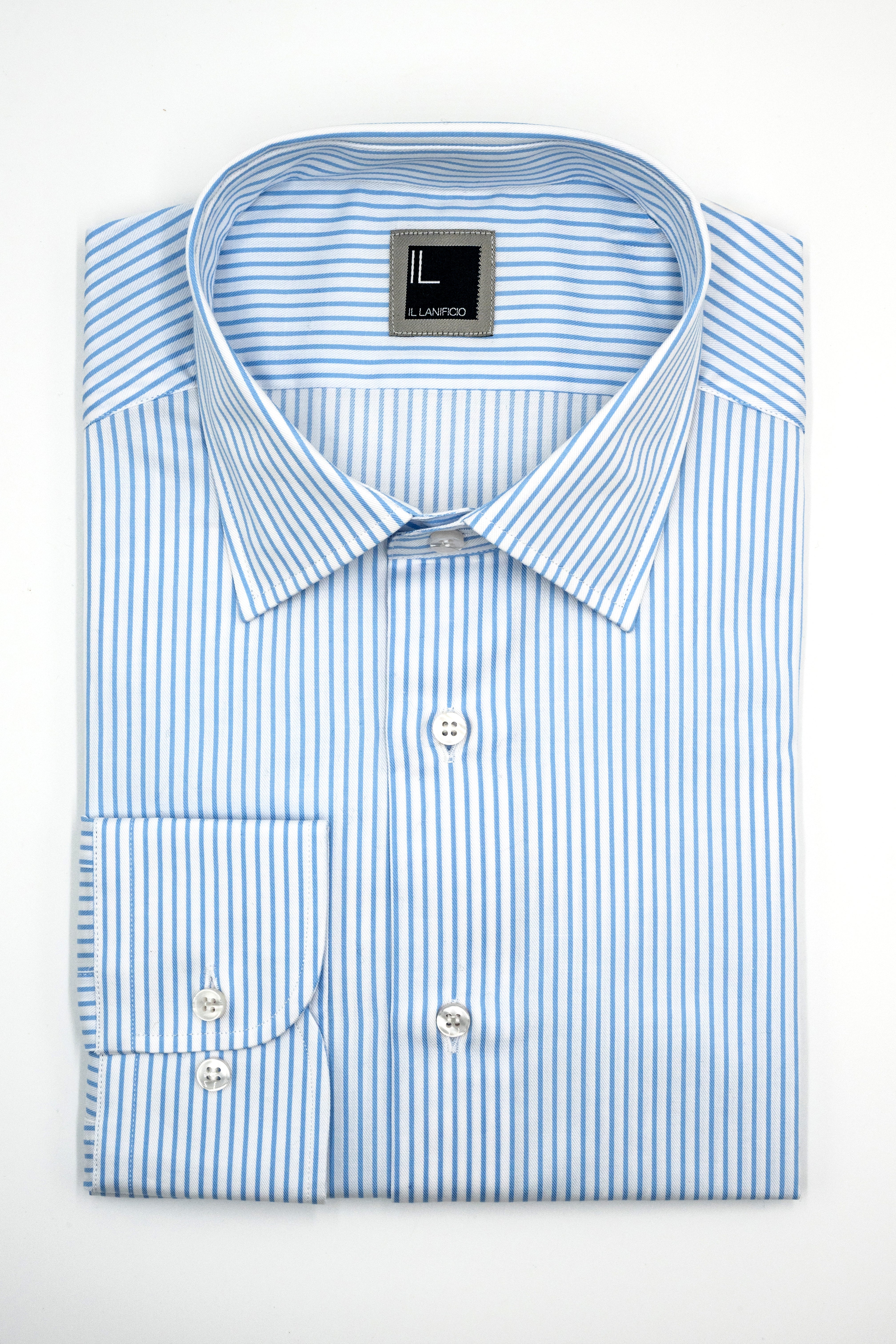 Camicia Fantasia Slim Fit con Collo Classico in Cotone - RIGATO BIANCO/AZZURRO