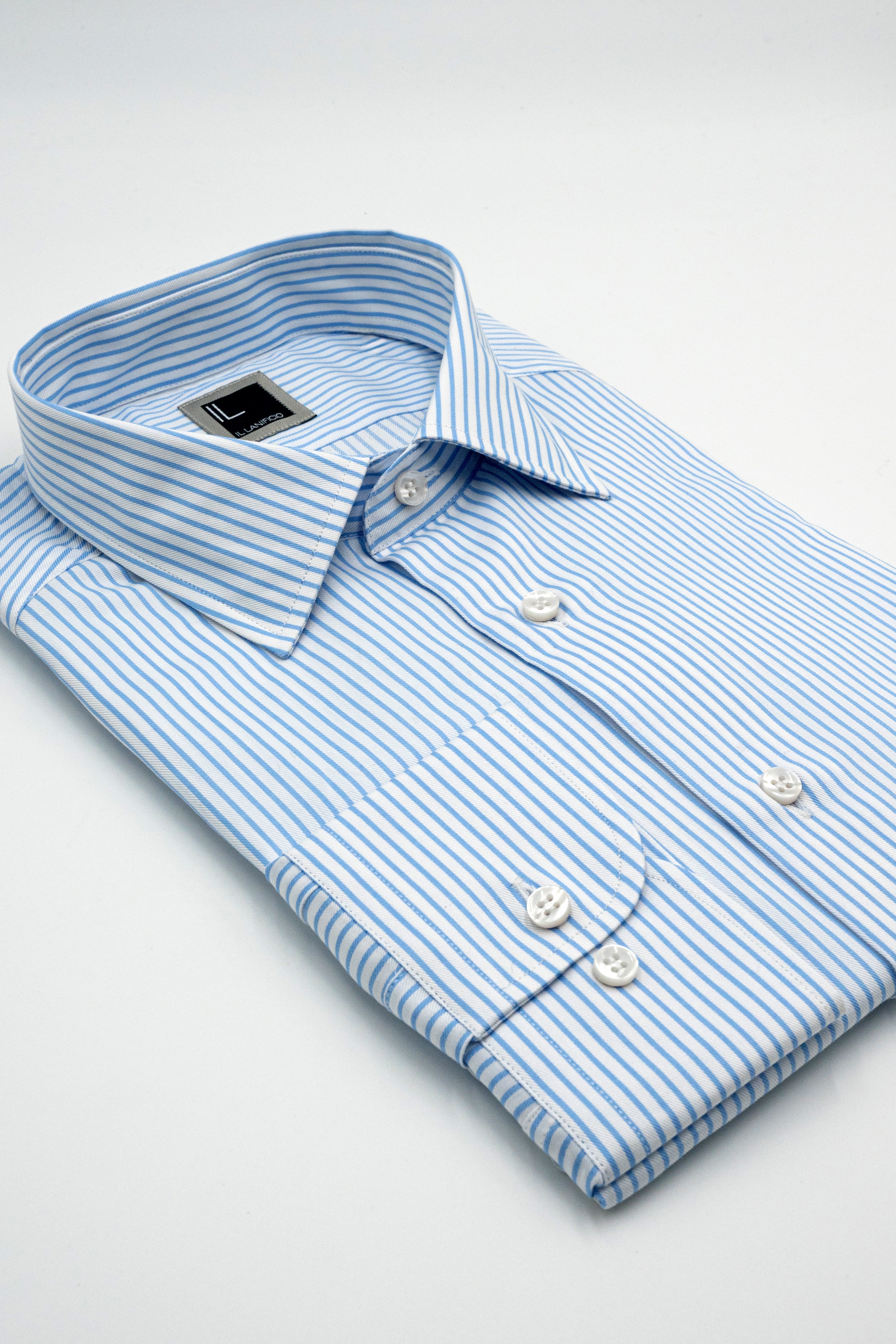 Camicia Fantasia Slim Fit con Collo Classico in Cotone - RIGATO BIANCO/AZZURRO