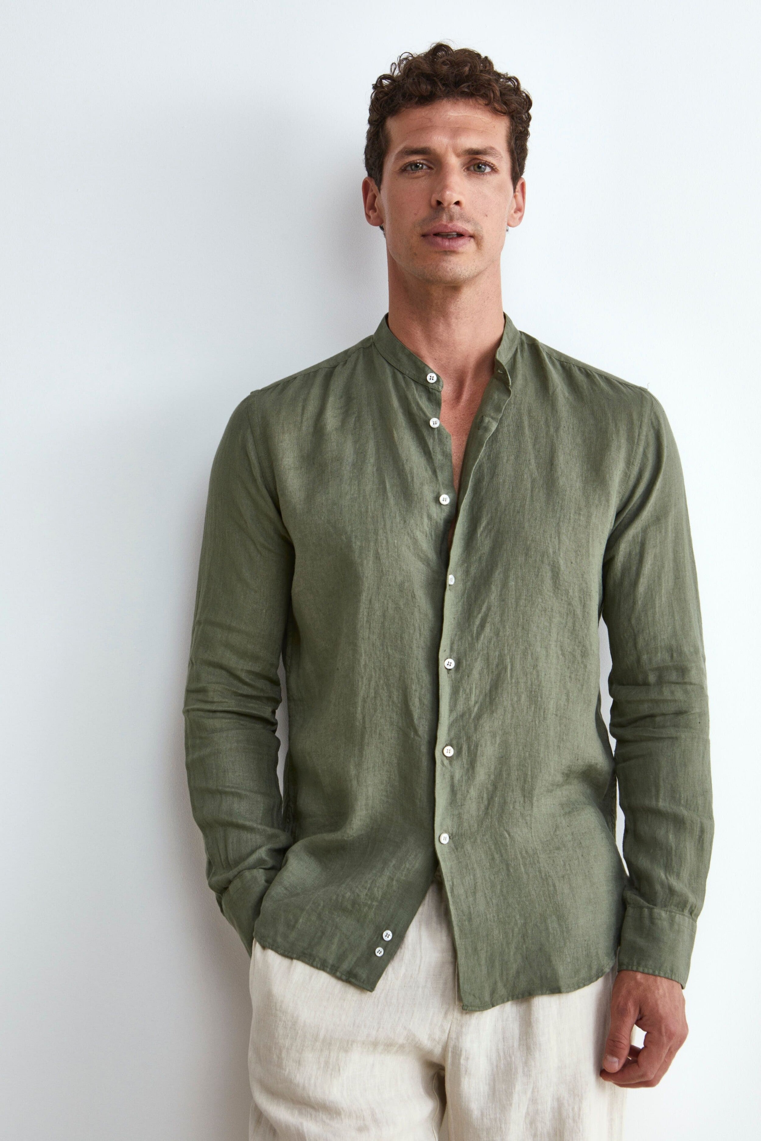 Camicia Lino Verde Militare Verde Militare Camicia Lino Coreana