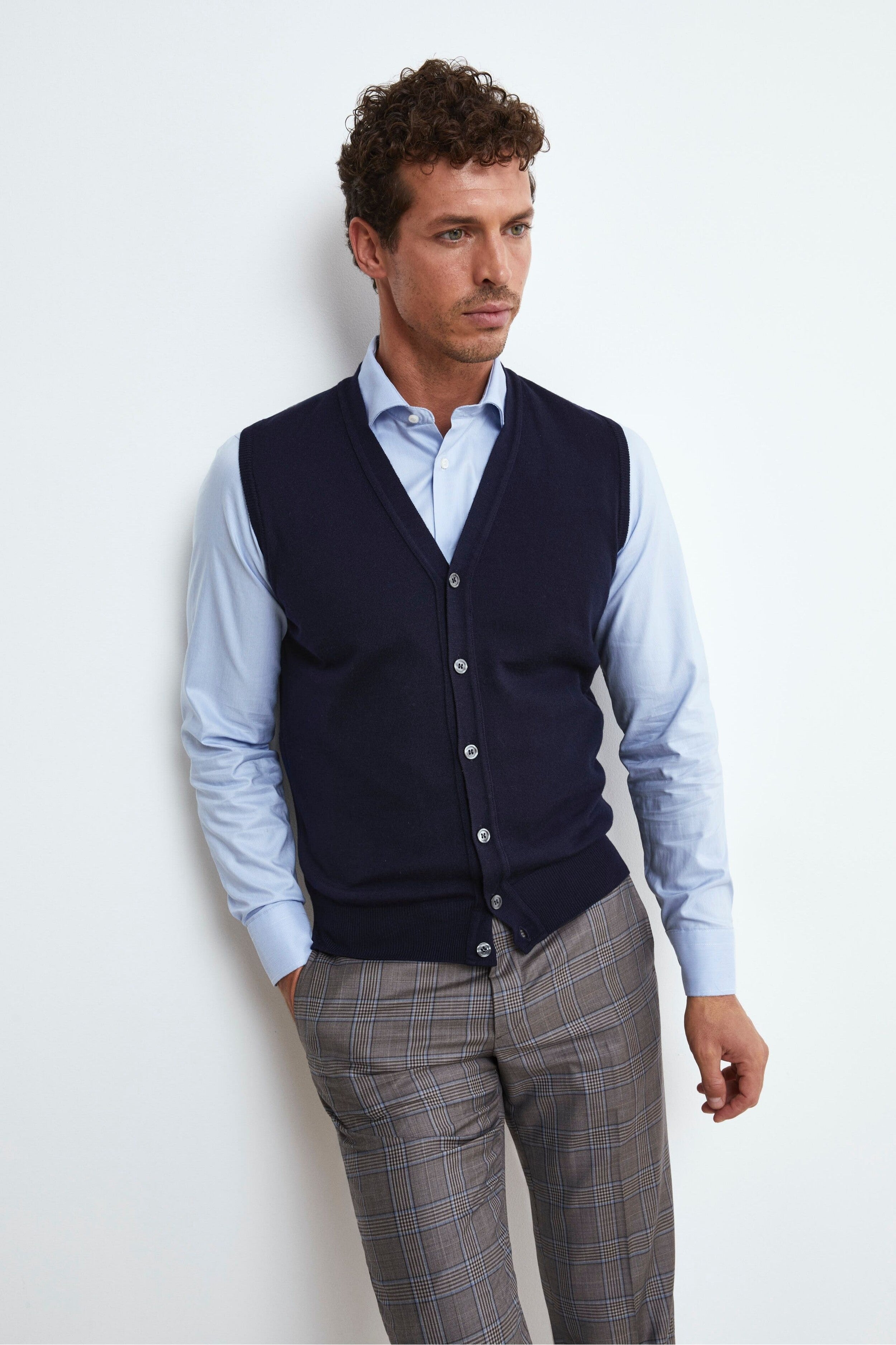 Vest Camicia Con Gilet Uomo Gilet Con Bottoni In Lana Merino BLU 46