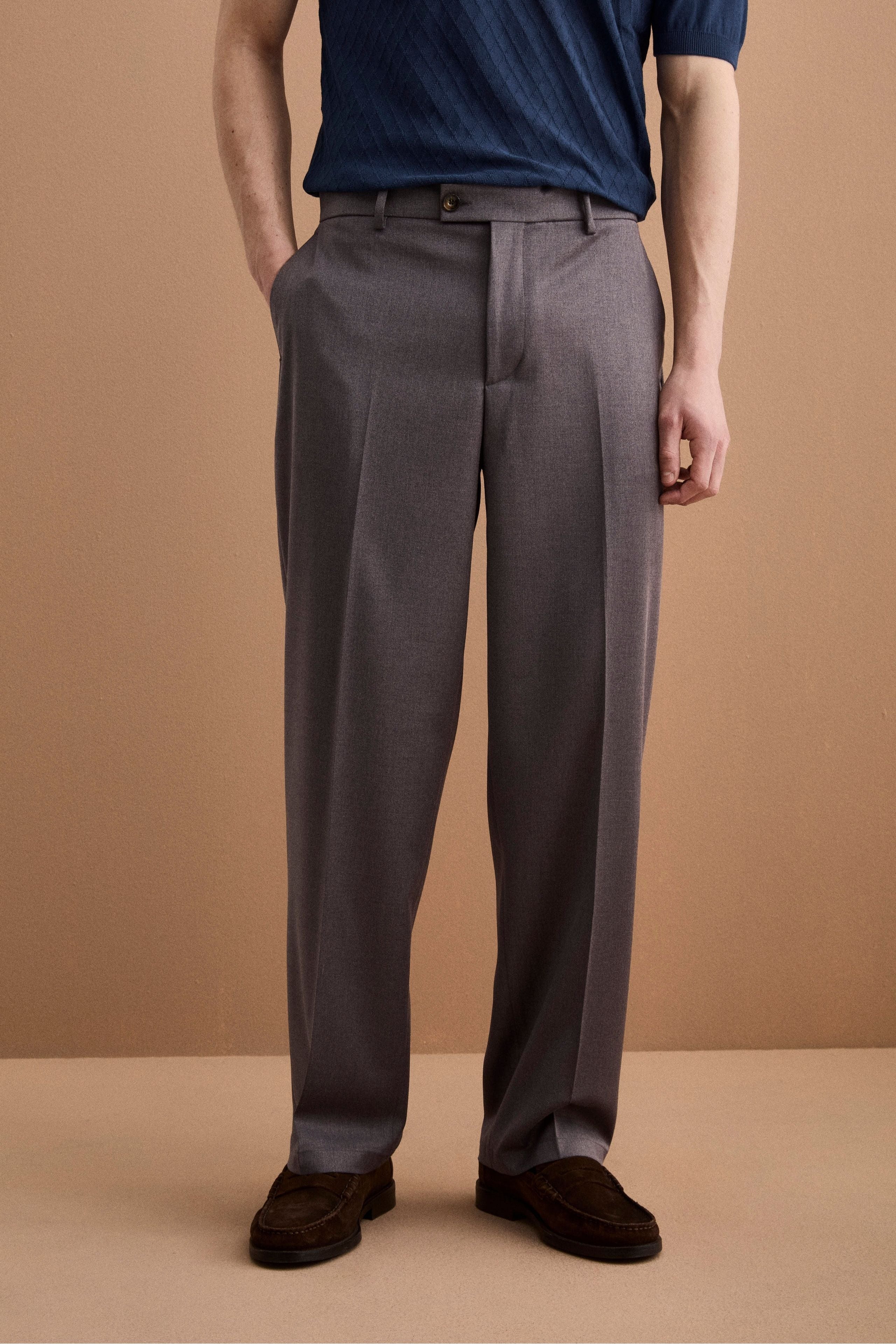 Pantalone Gamba Larga in Misto Lana con Piega - ANTRACITE