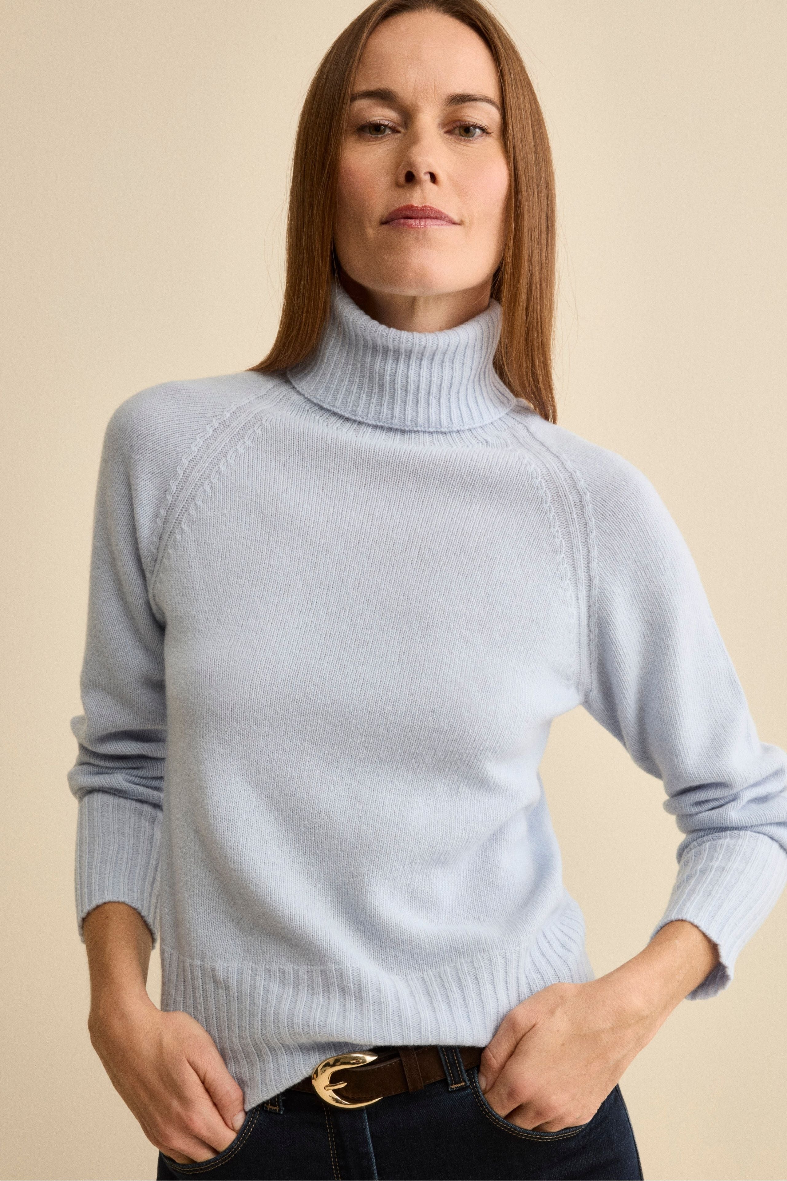 Dolcevita Raglan in Lana e Cashmere con Collo a Coste - AZZURRO