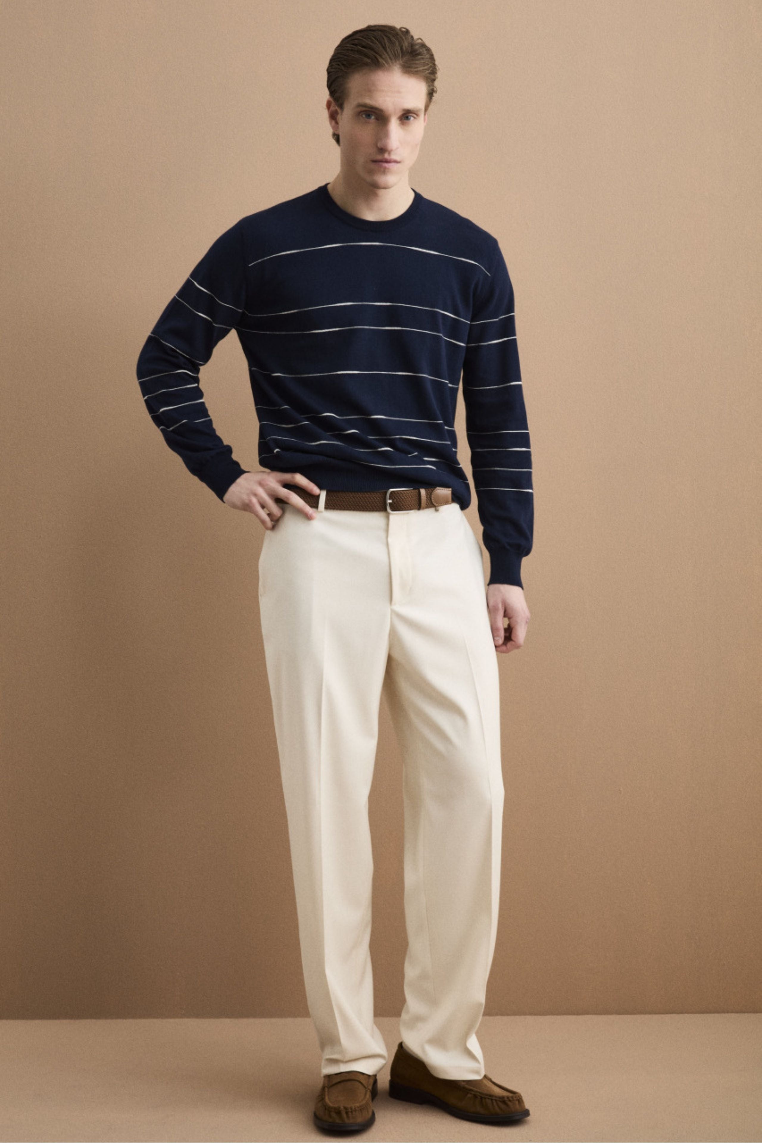 Maglia Girocollo a Righe Regular Fit in Cotone - BLU/BIANCO