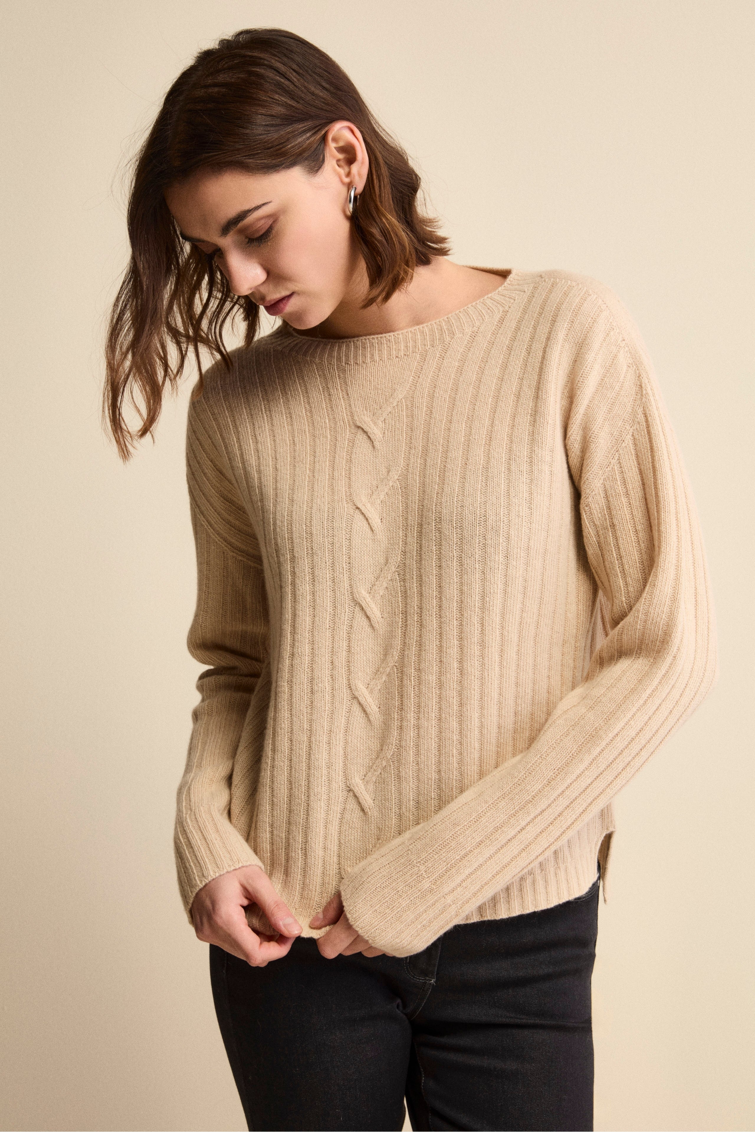 Maglia Barchetta Lavorata in Lana e Cashmere - BEIGE