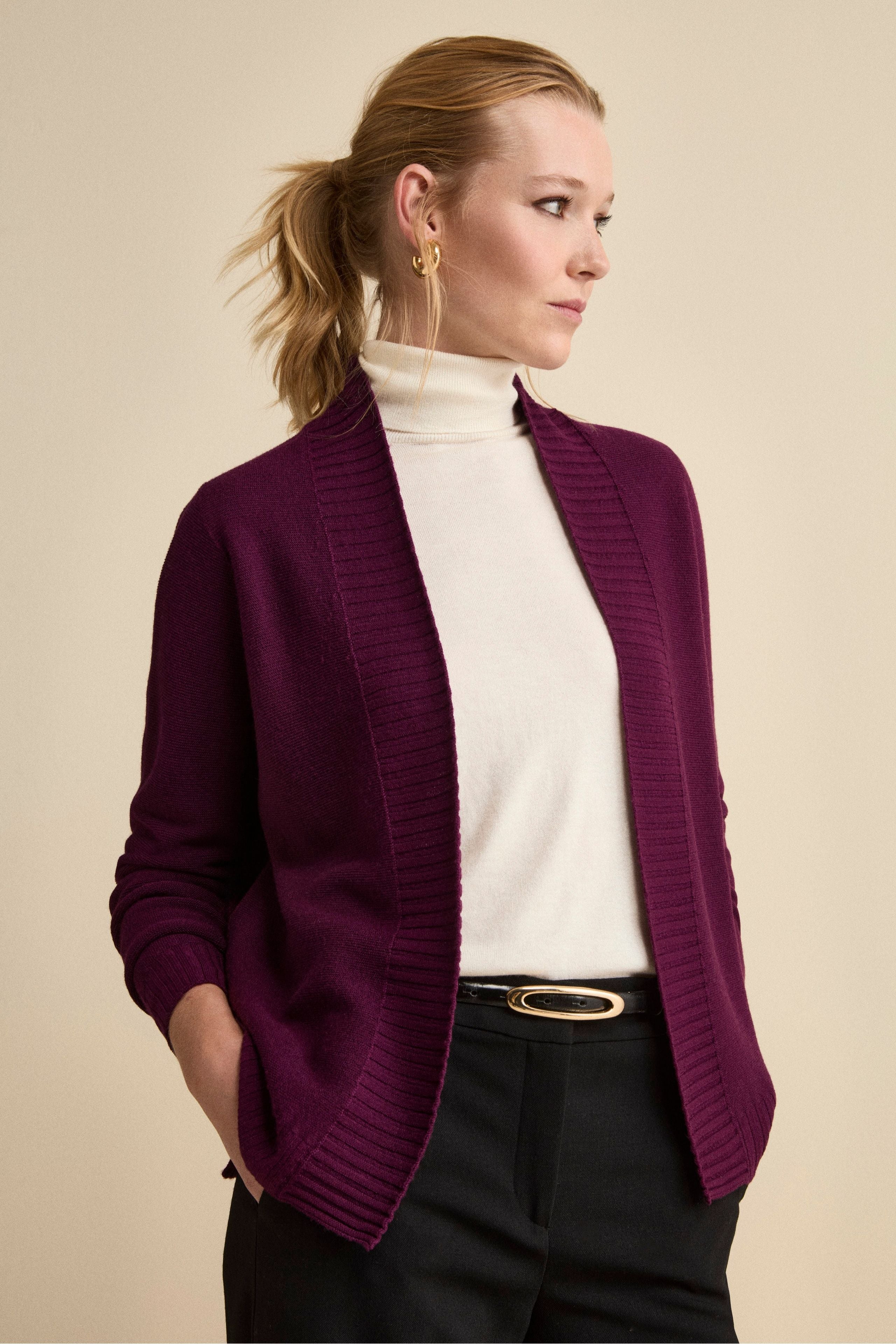 Cardigan Lungo con Collo a Scialle in Lana - PRUGNA