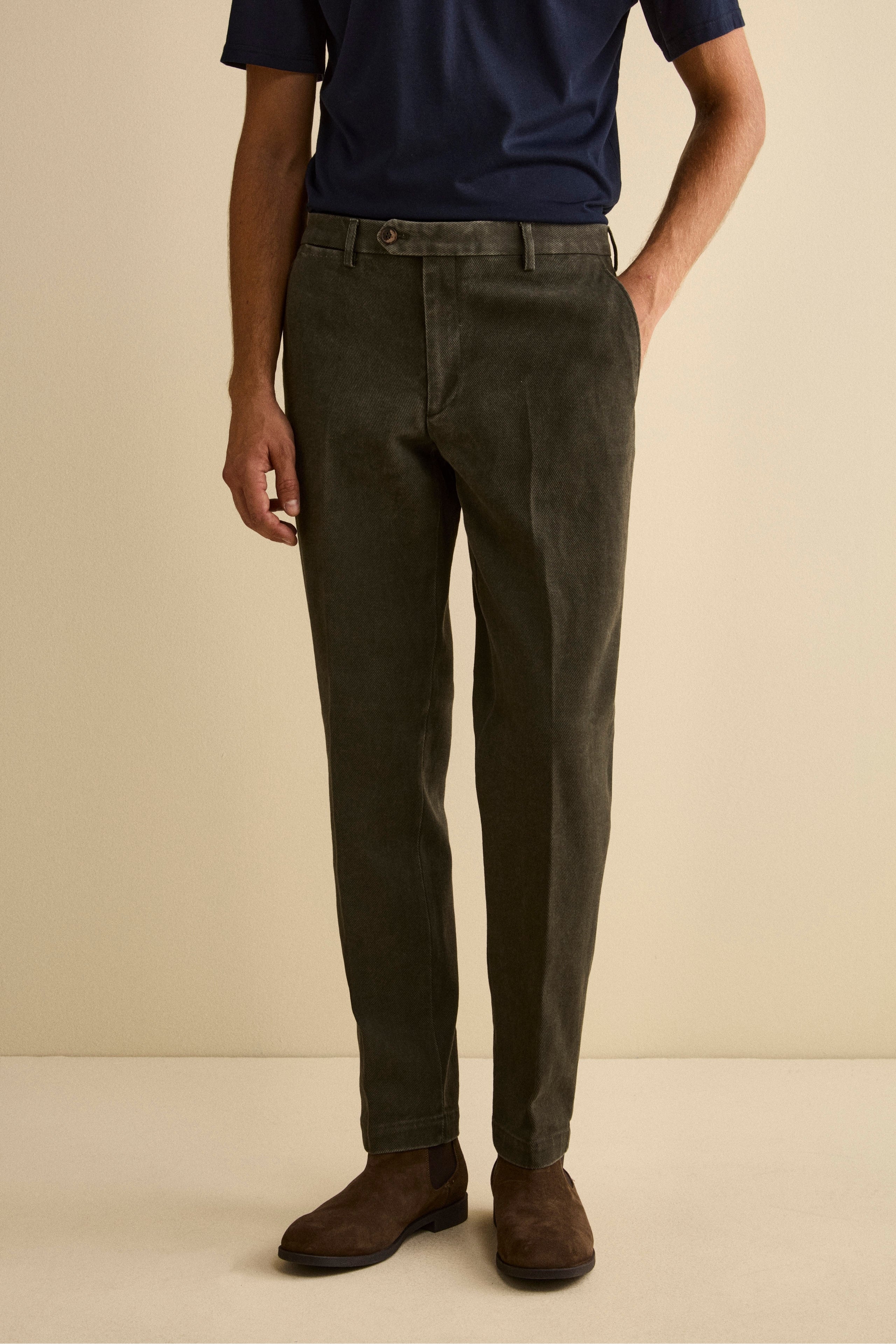 Pantalone con Pieghe Slim Fit in Cotone - VERDONE