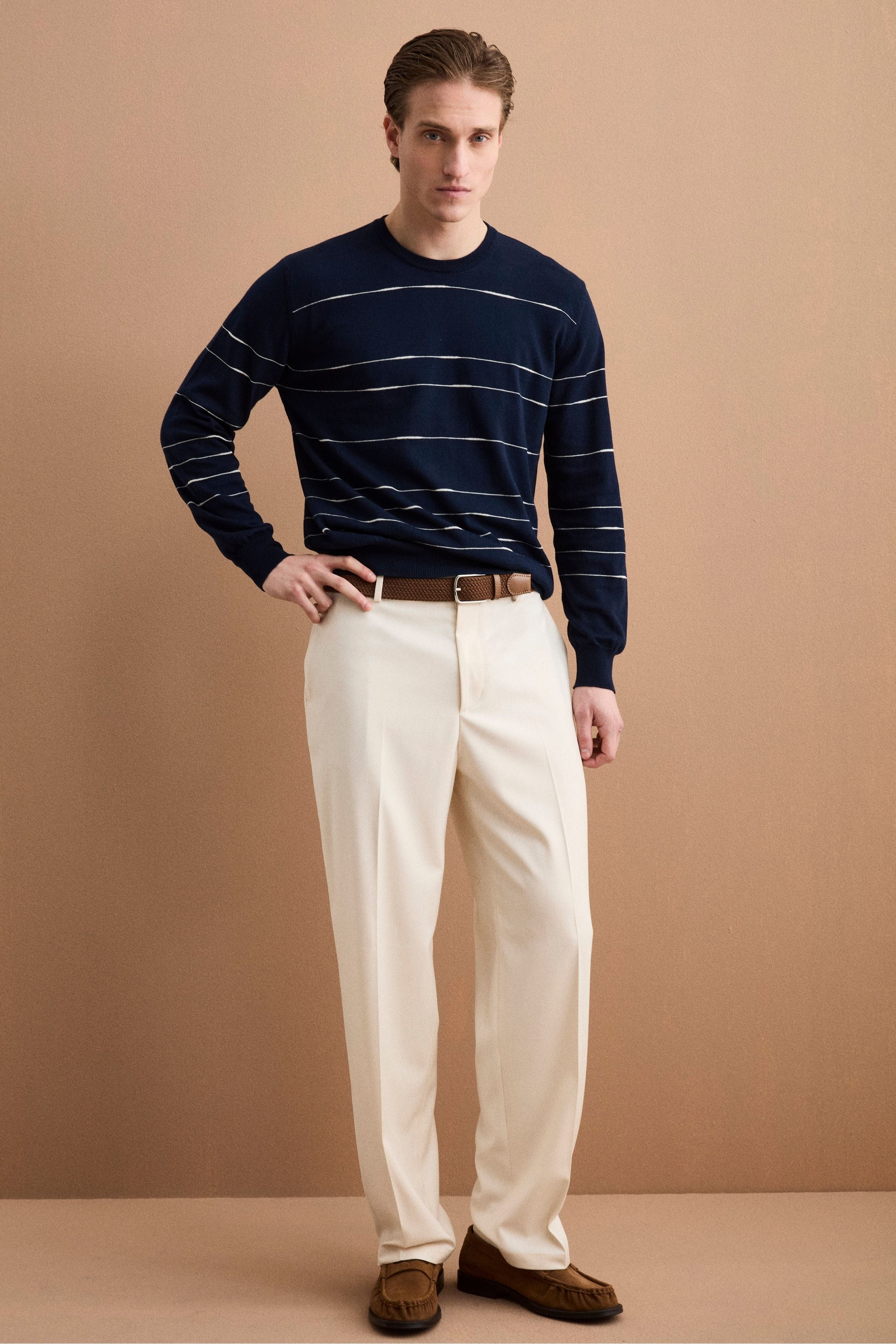 Maglia Girocollo a Righe Regular Fit in Cotone - BLU/BIANCO