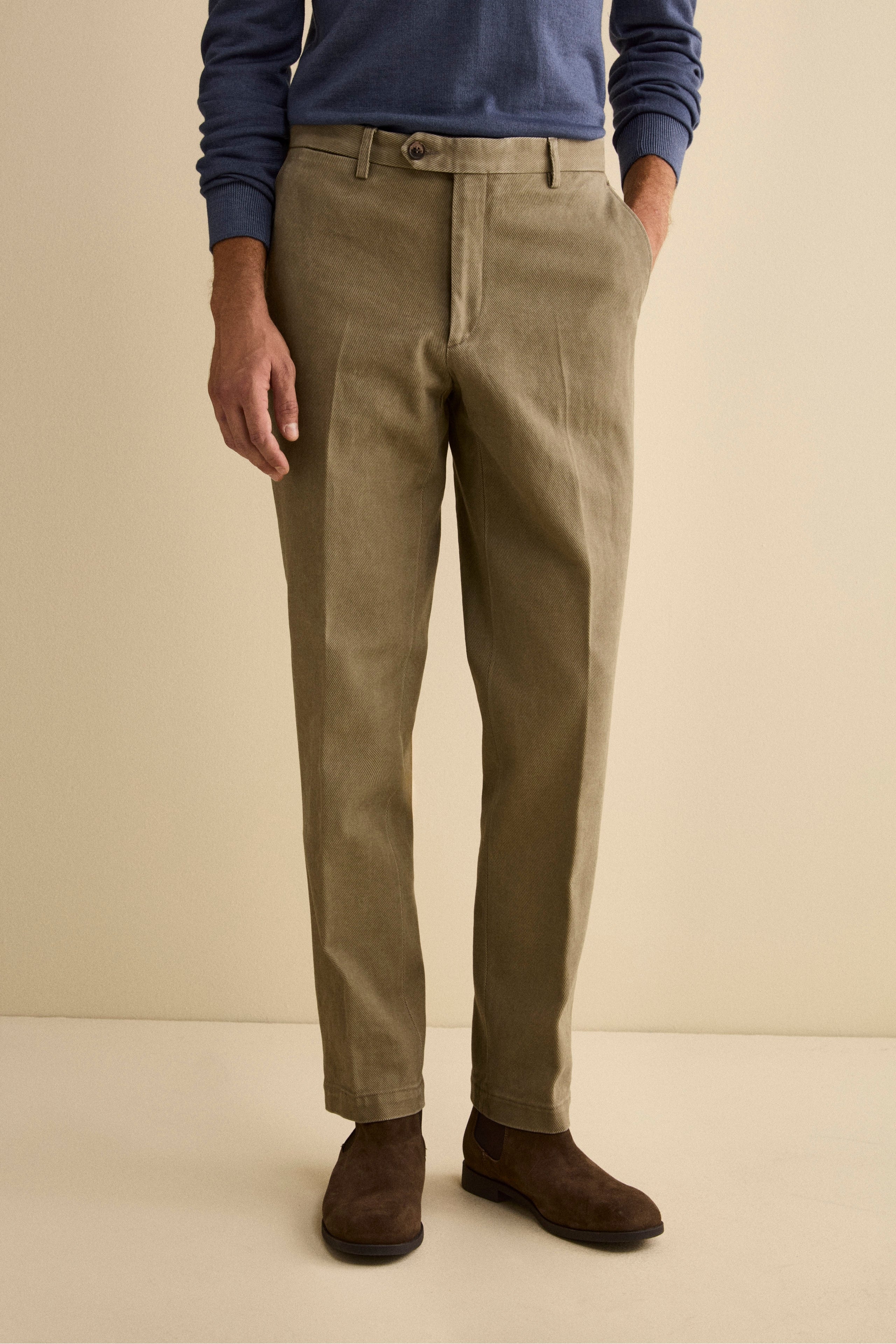Pantalone con Pieghe Slim Fit in Cotone - BEIGE