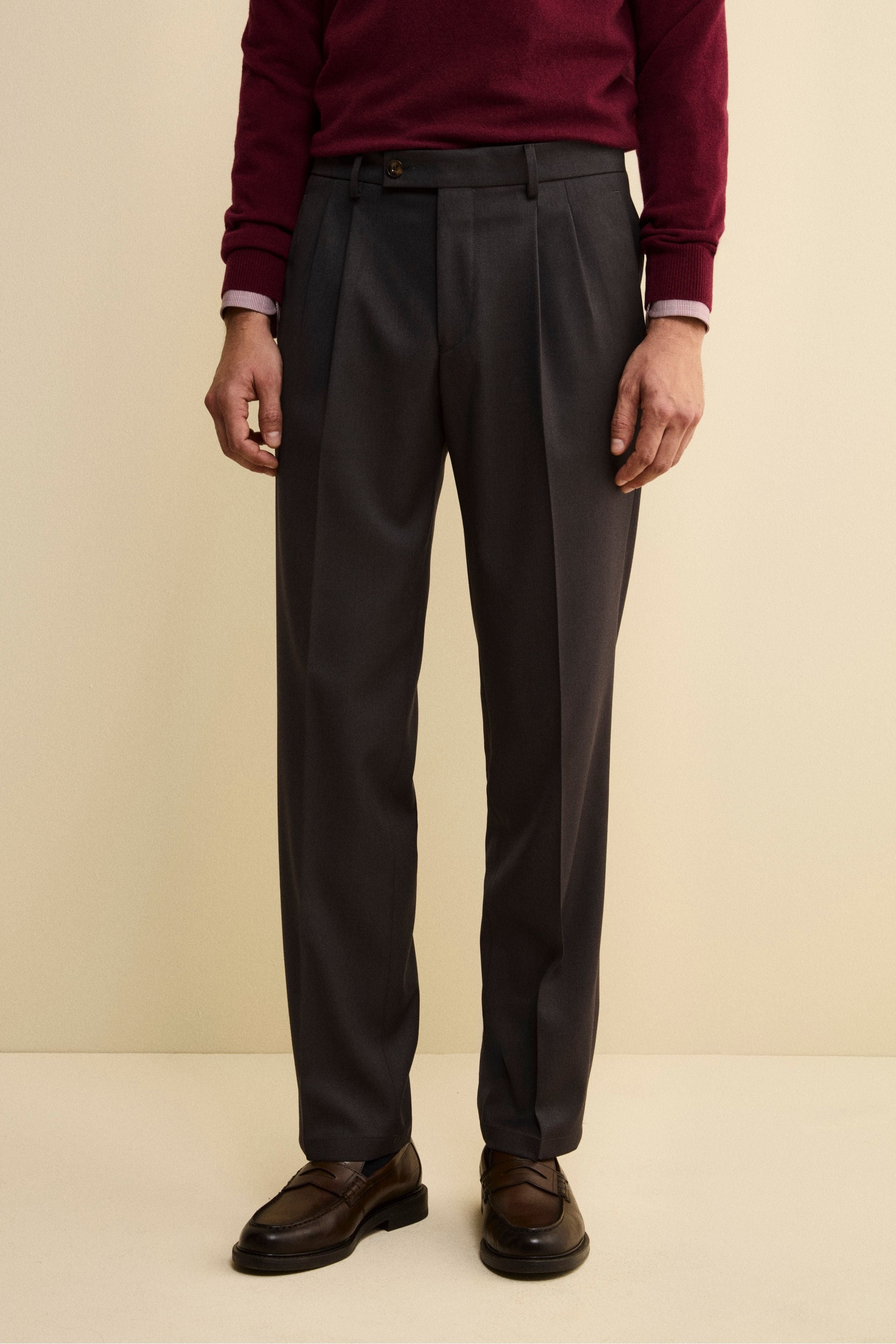 Pantalone Gamba Larga in Misto Lana con Pinces - GRIGIO SCURO