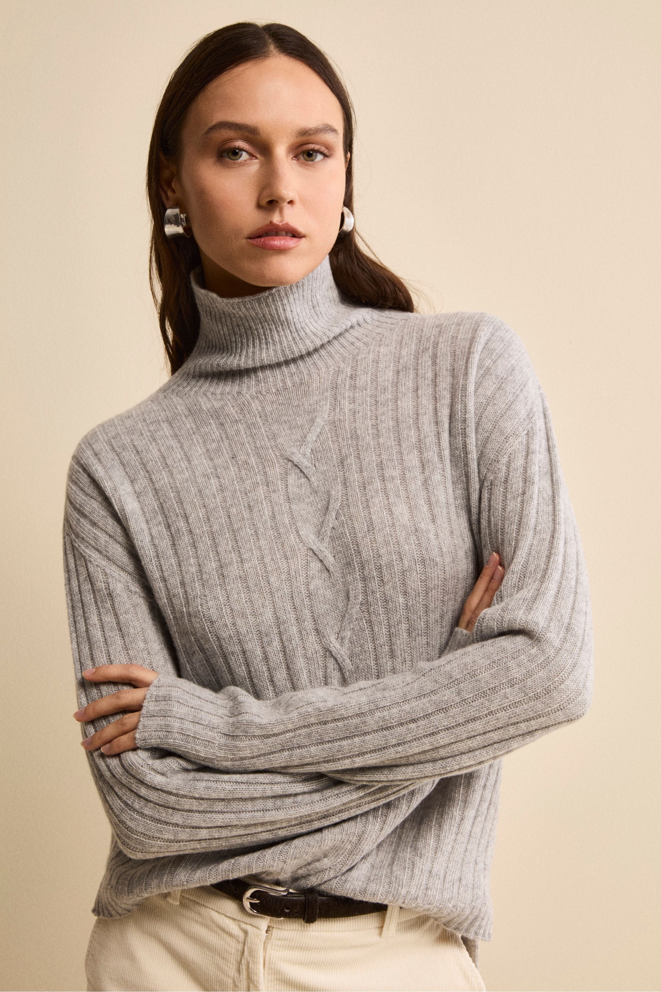 Dolcevita in Lana e Cashmere con Treccia - GRIGIO CHIARO