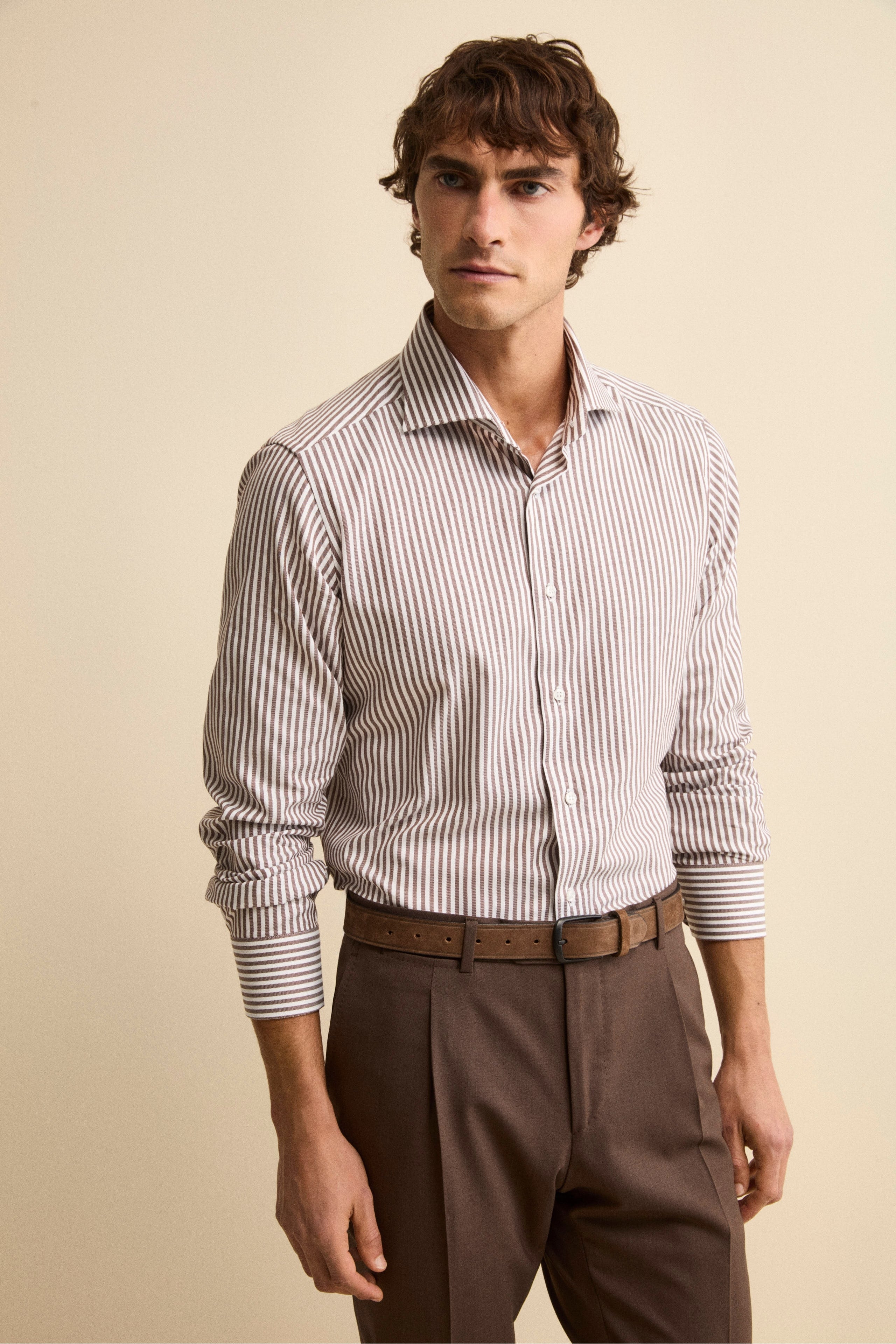 Camicia Slim Fit in Cotone con Collo Francese - MARRONE RIGATO
