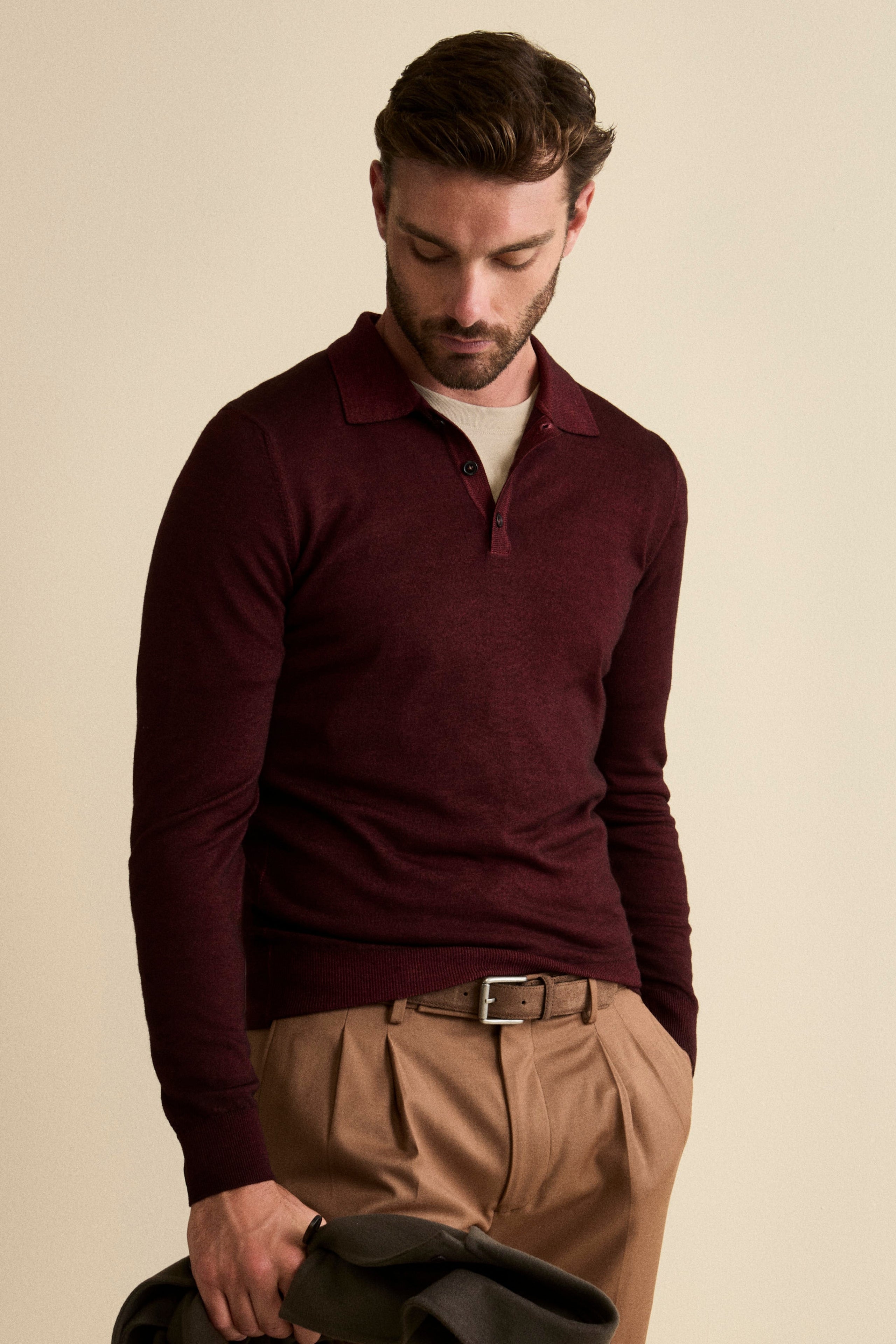 Polo in Maglia con Bottoni in Lana Merino - BORDEAUX