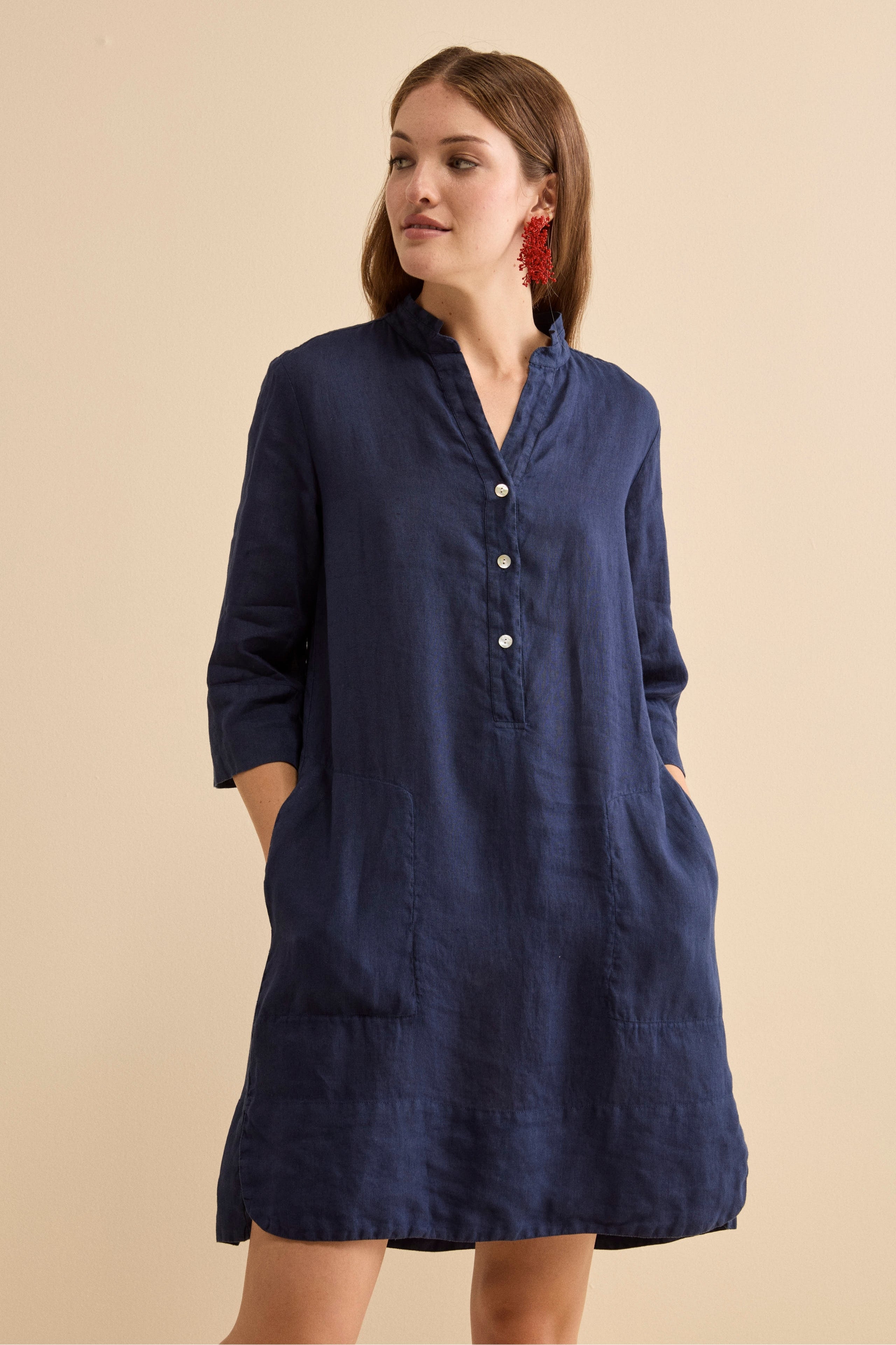 Abito da donna in cotone e lino tinta unita a maniche lunghe con colletto alla coreana allentato abiti midi a trap, Blu e grigio, Taglia unica Abito da donna in cotone e lino tinta unita a maniche lunghe con colletto alla coreana allentato abiti midi a trap, Blu e grigio, Taglia unica