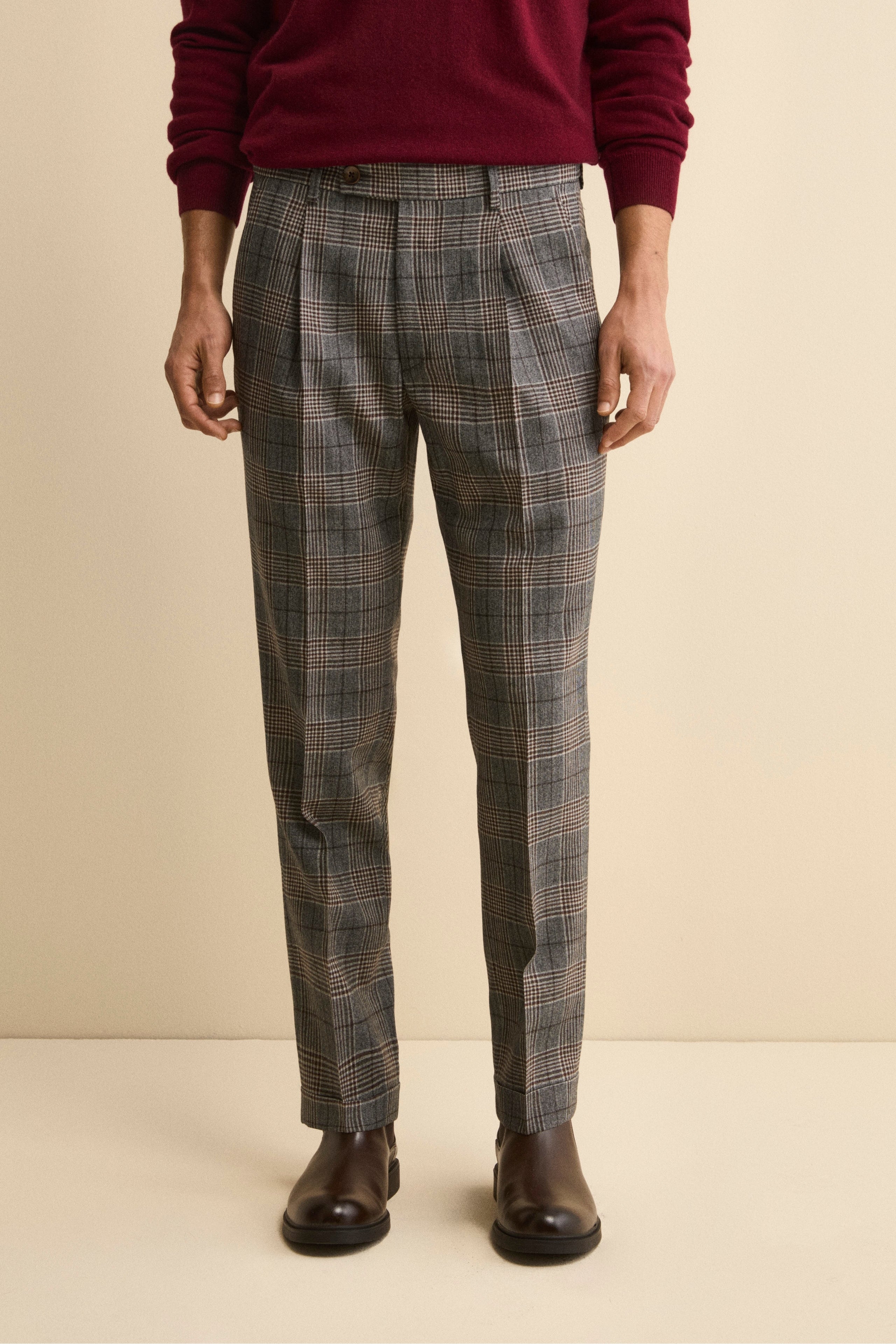 Pantalone Check in Lana con Pinces e Risvolto - GALLES MARRONE