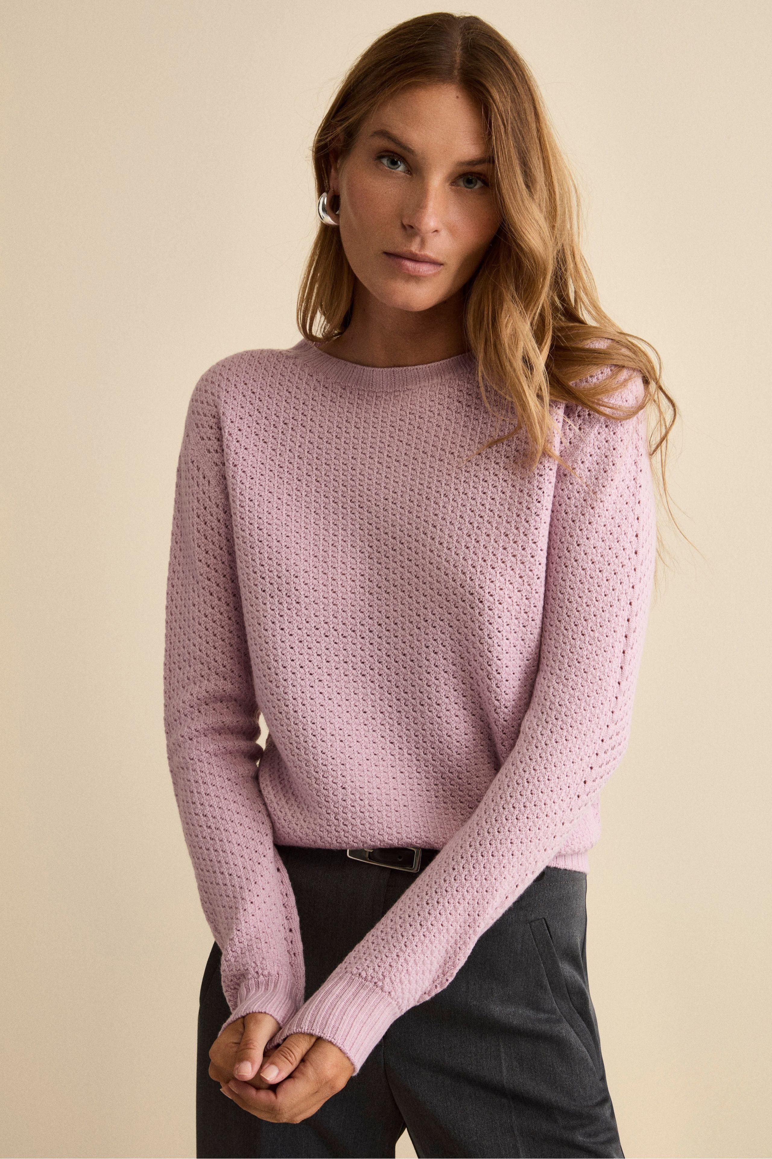 Maglia Girocollo Traforata in Lana Merino - ROSA