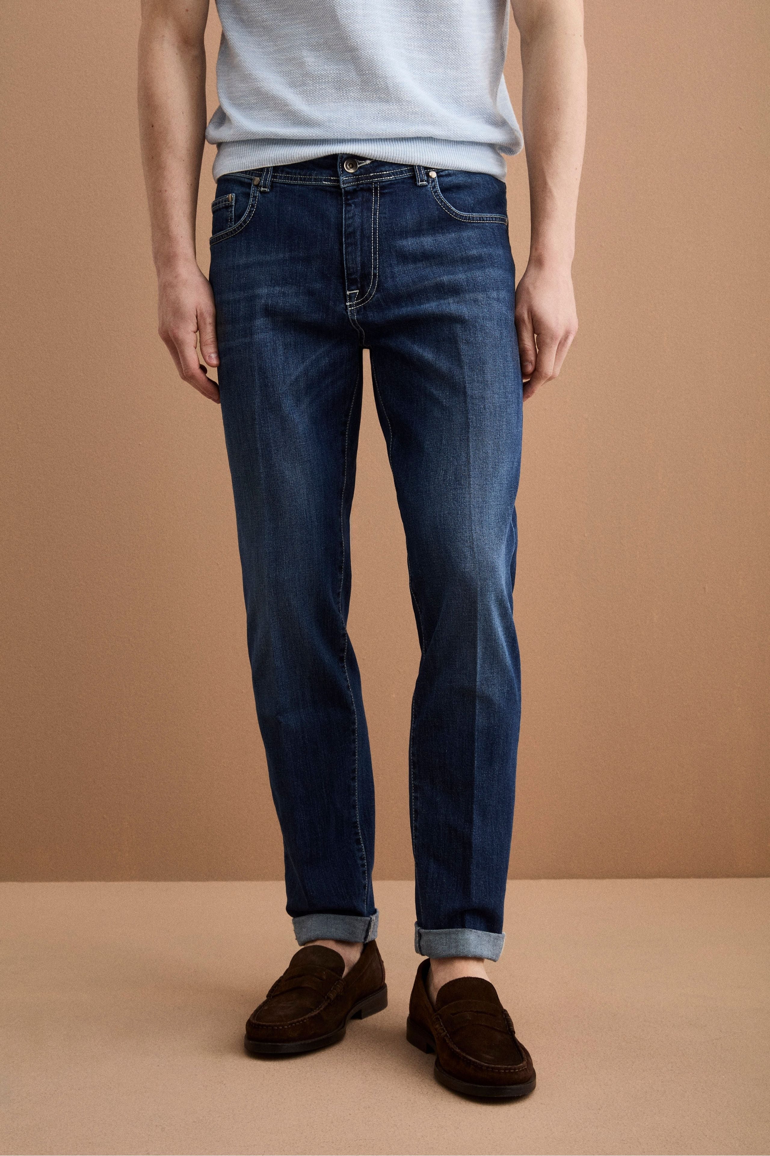 Jeans Slim Fit Cinque Tasche con Risvolto - DENIM