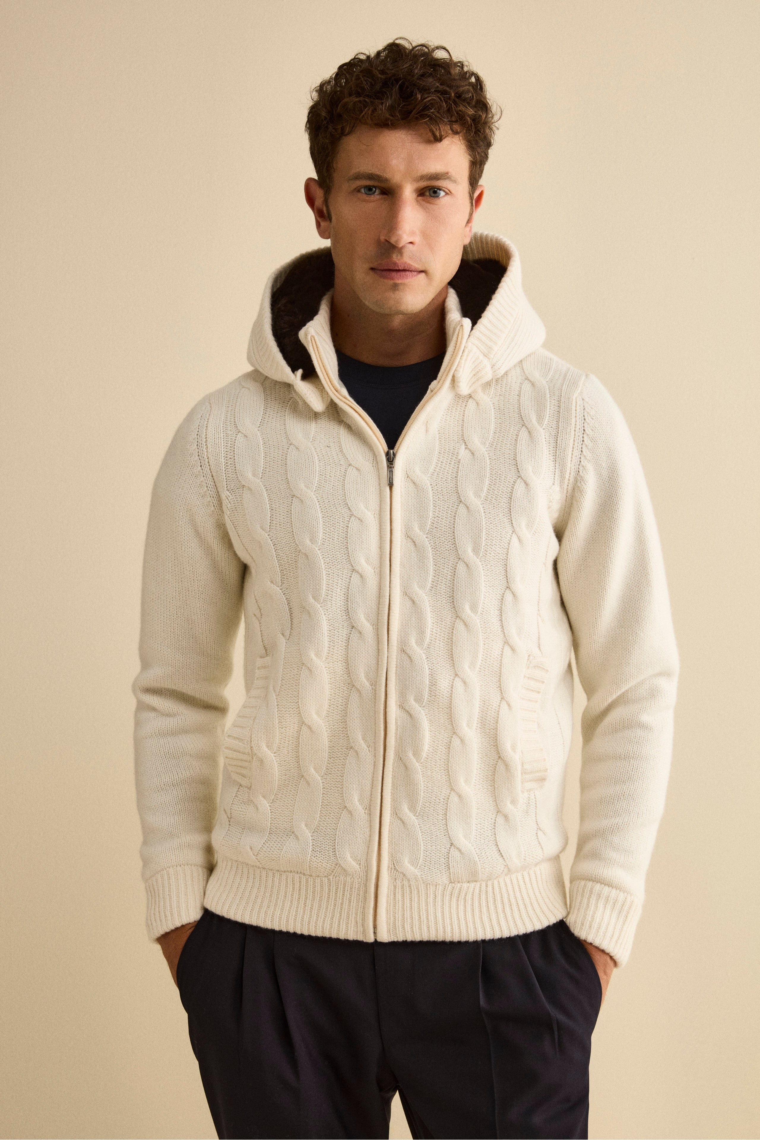 Bomber in Cashmere con Cappuccio e Pelliccia - BIANCO