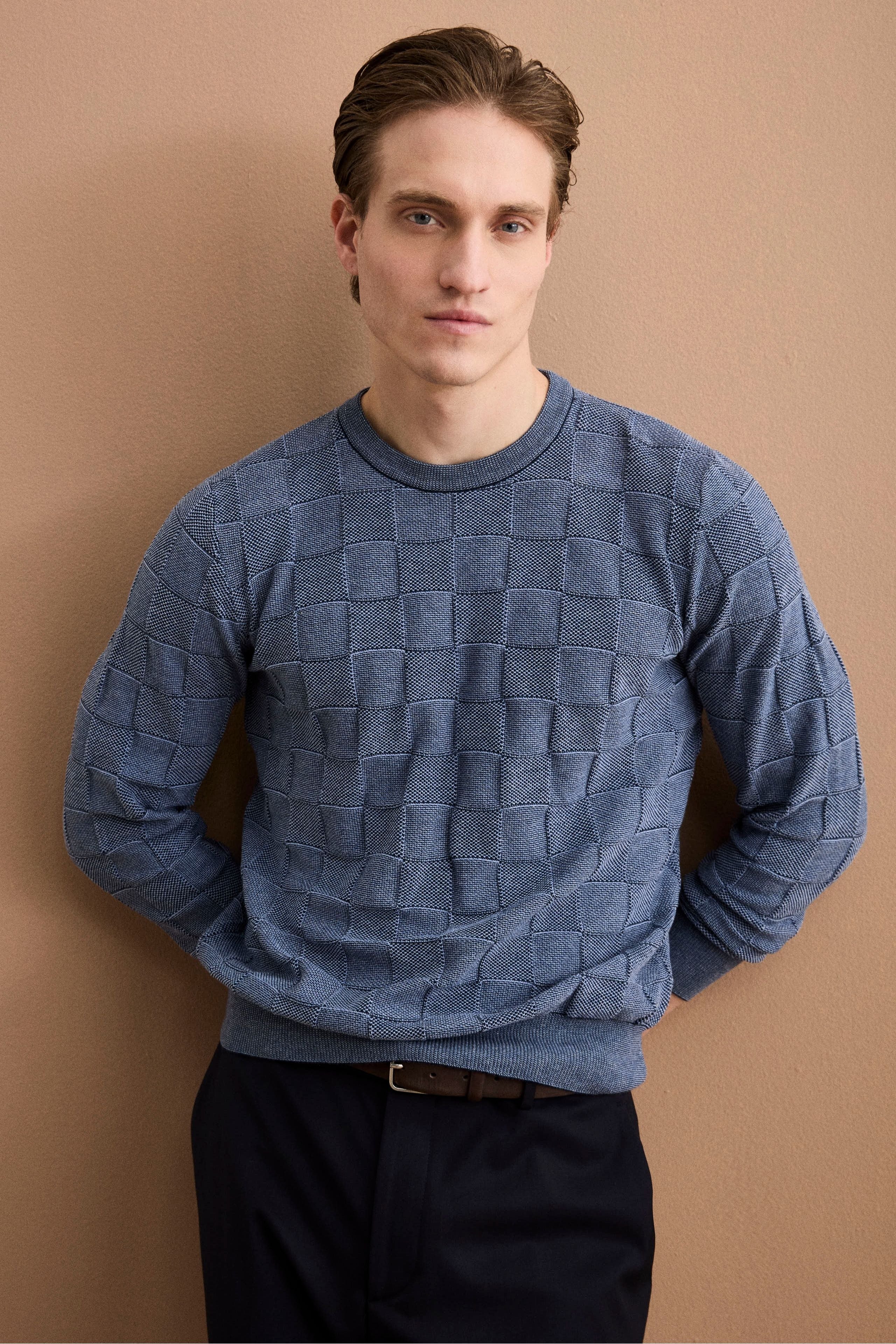 Maglia Dama Girocollo in Cotone - BLU/GRIGIO