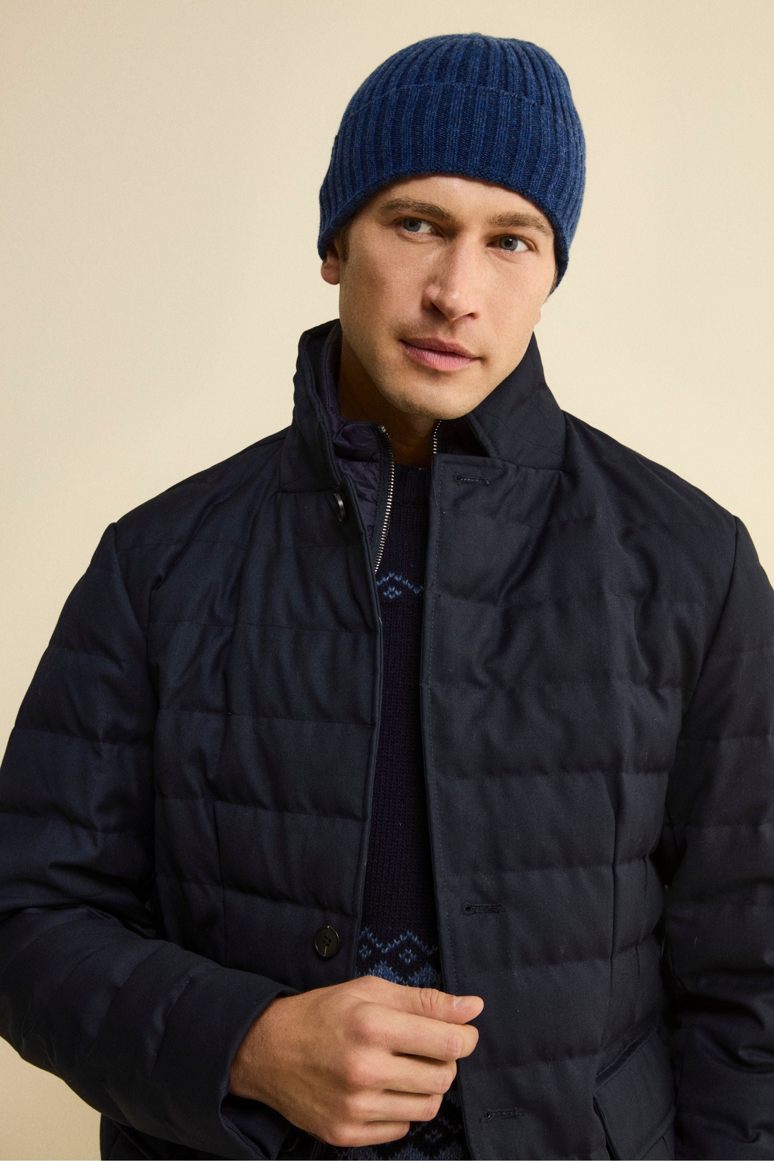 Cappello in cashmere a coste - BLU MELANGE