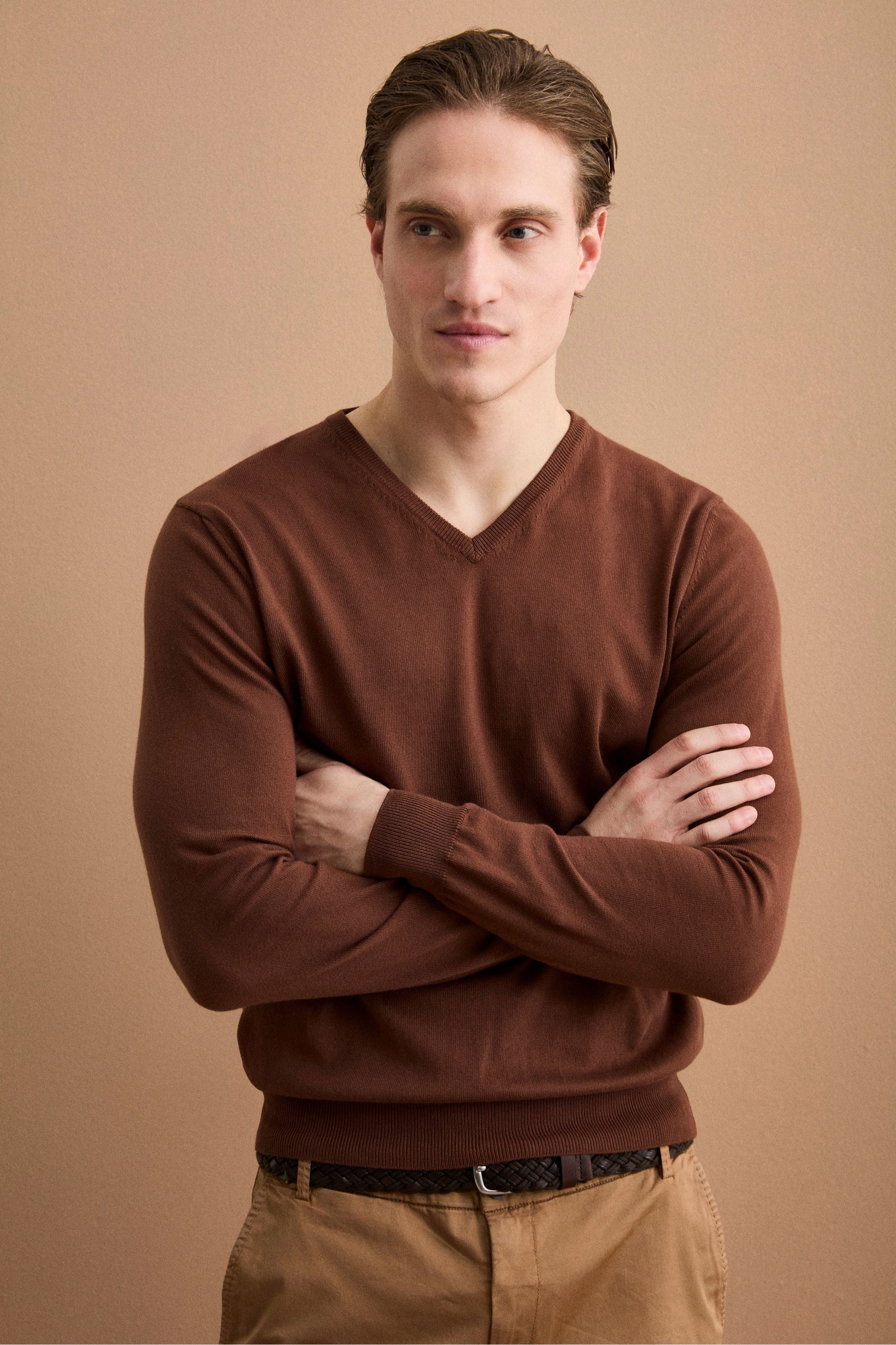 Maglia Scollo a V Regular Fit in Cotone - MARRONE