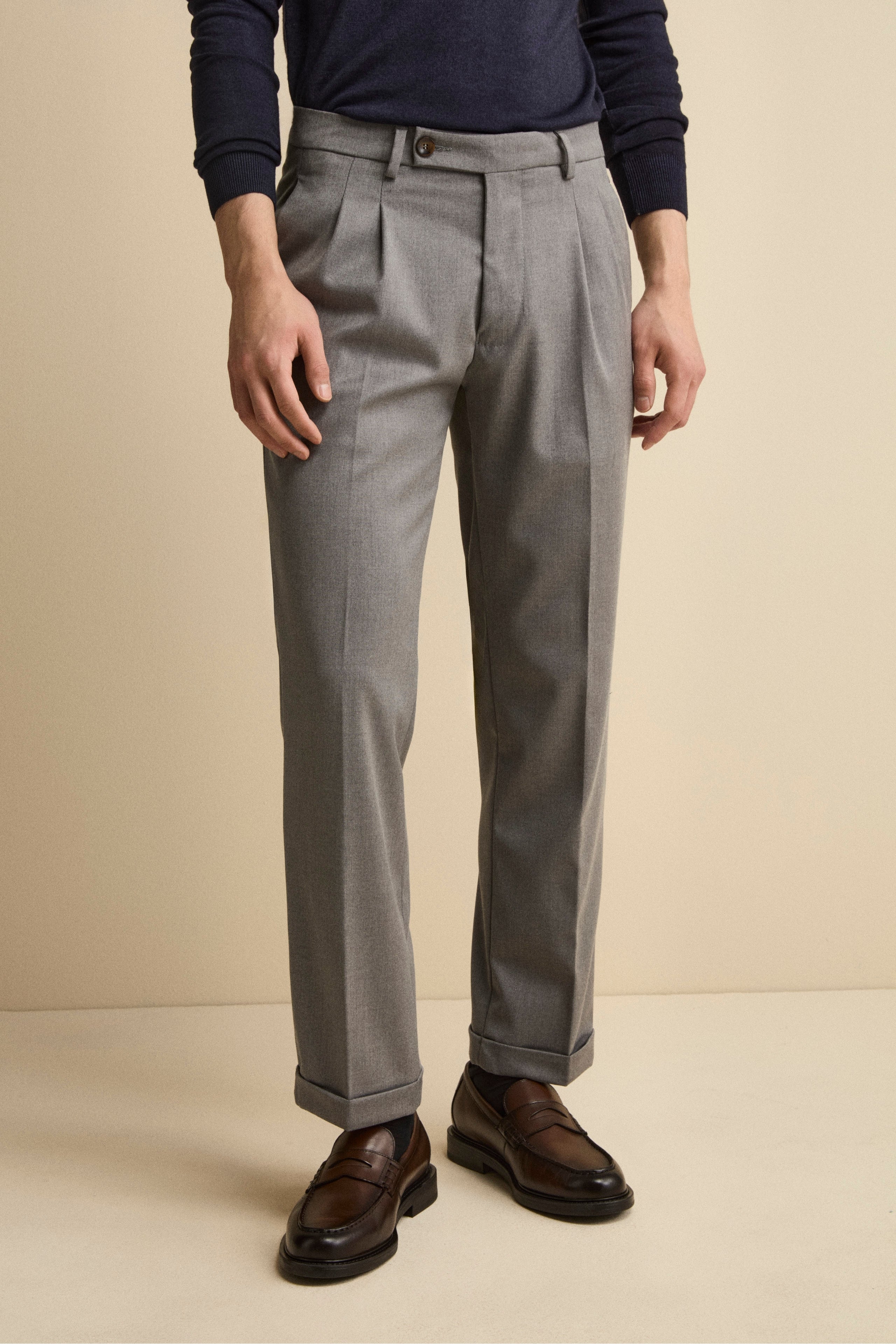 Pantalone Straight in Misto Lana con Pinces e Risvolto - GRIGIO CHIARO
