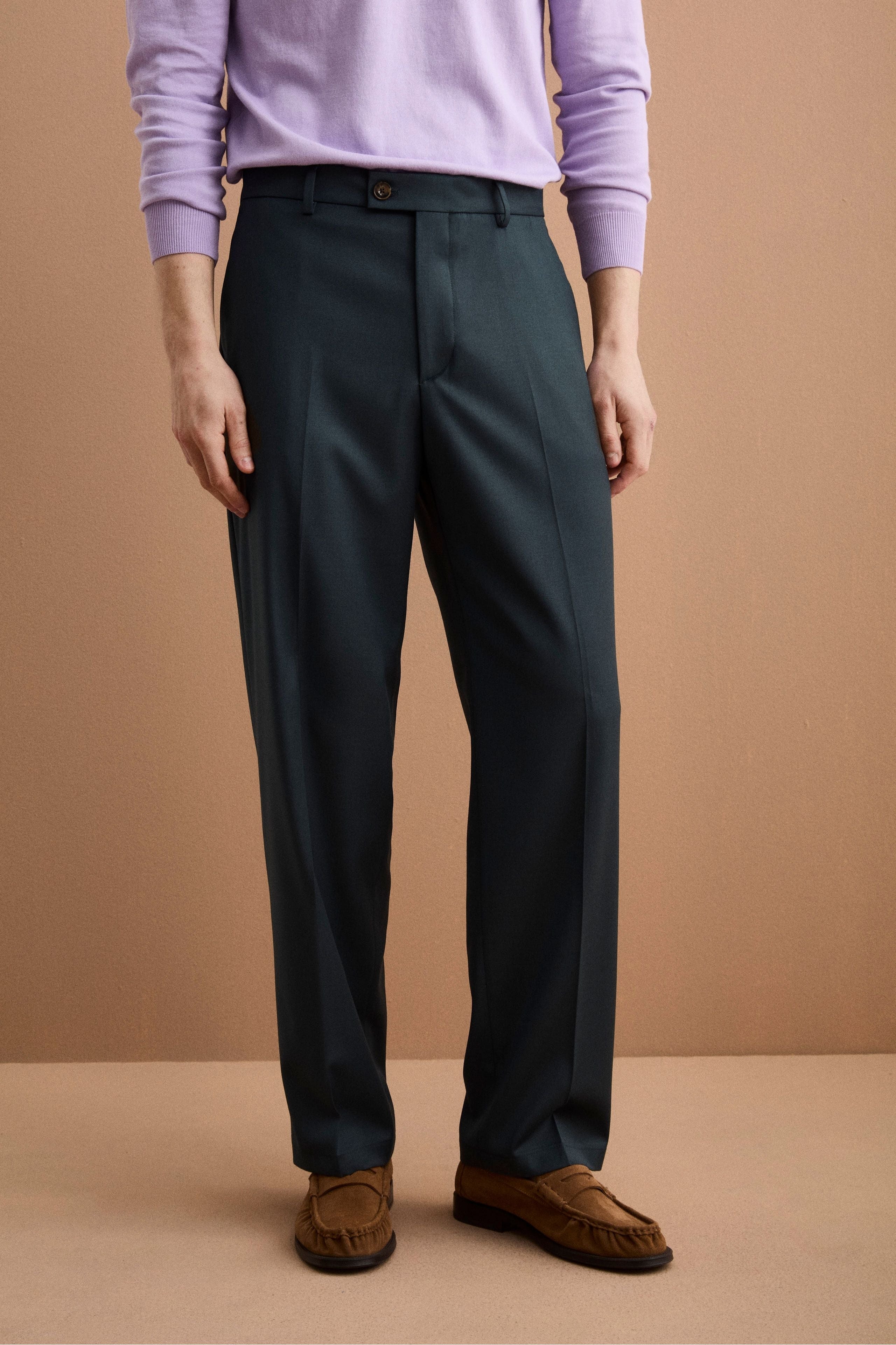 Pantalone Gamba Larga in Misto Lana con Piega - VERDE