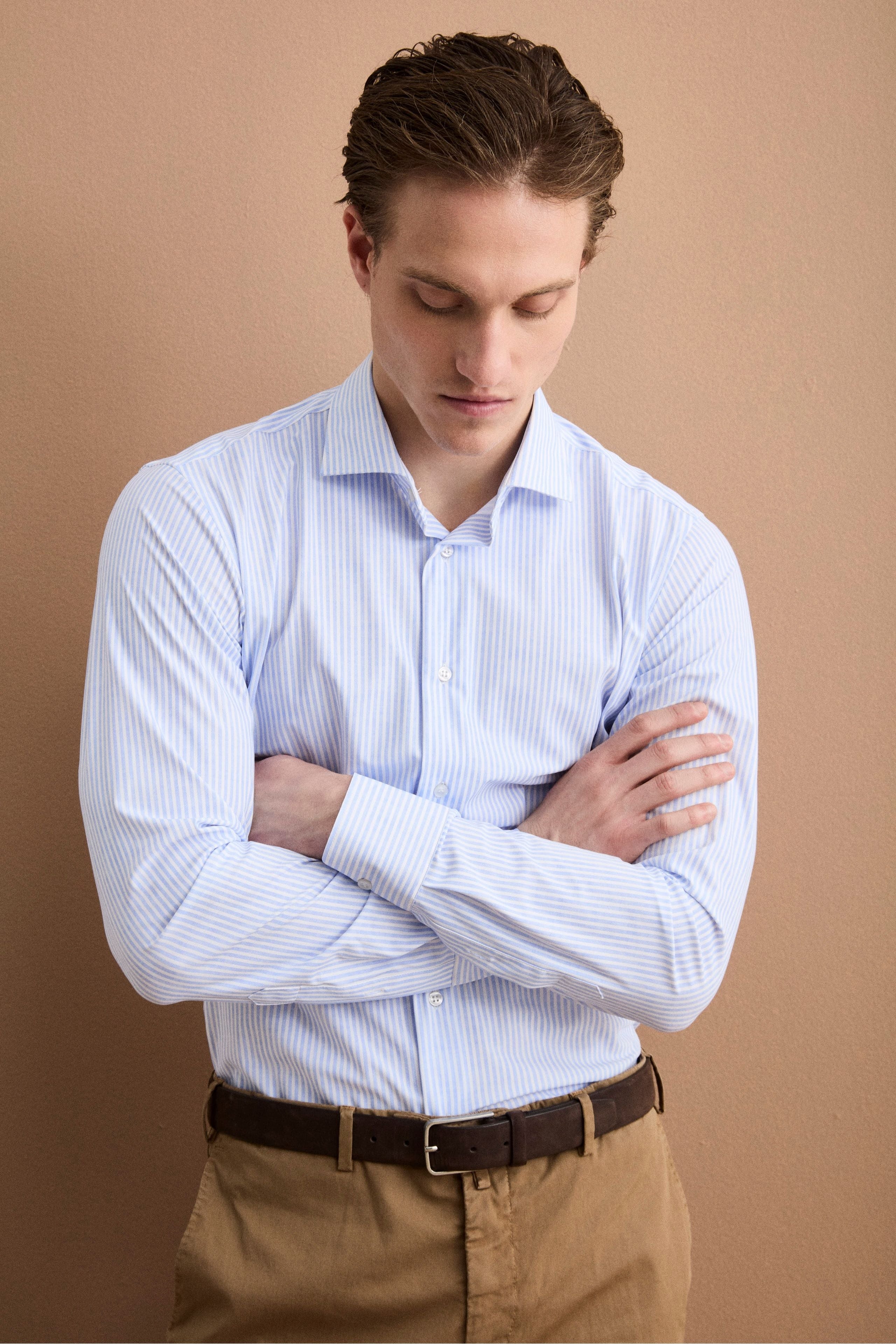 Camicia Custom Fit a Righe in Tessuto Tecnico - AZZURRO RIGATO